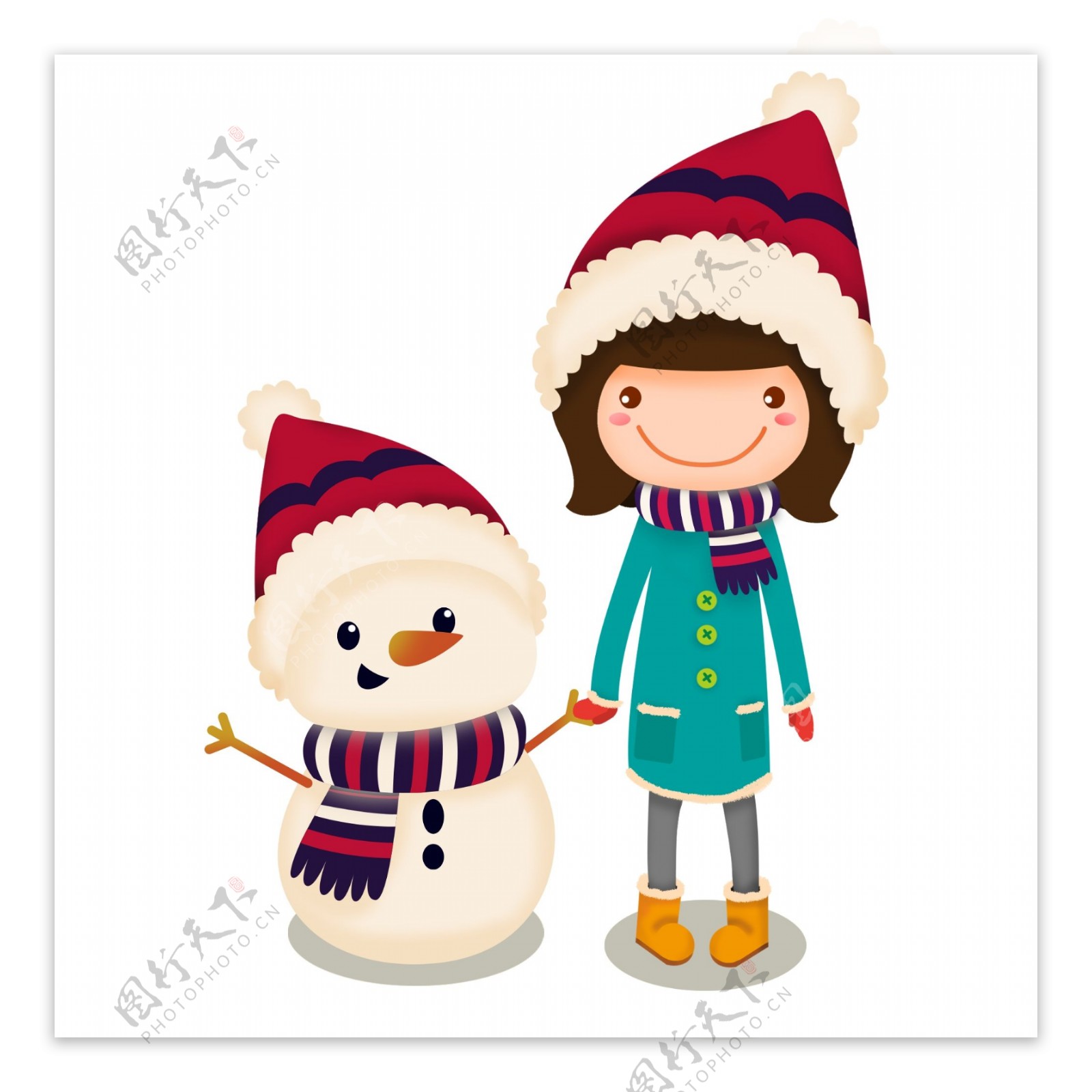可爱卡通女孩儿与雪人冬季插画