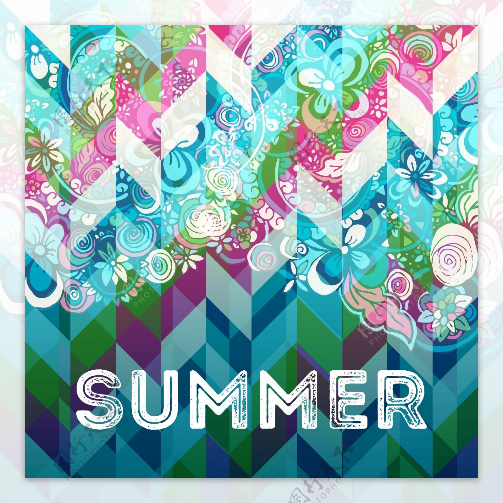夏季海报涂鸦手绘元素与几何抽象背景