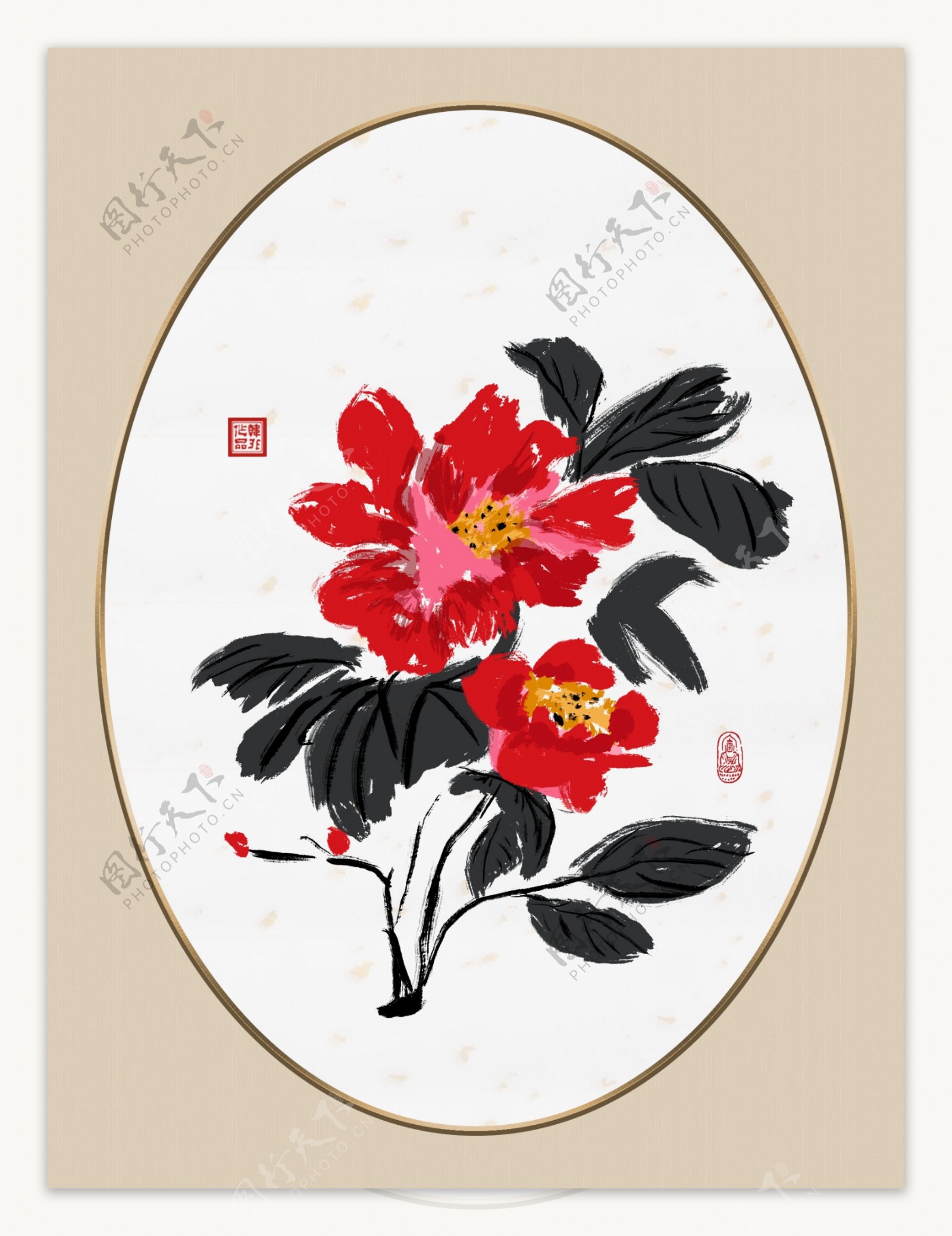 中式复古板绘水墨红牡丹镜面客厅装饰画