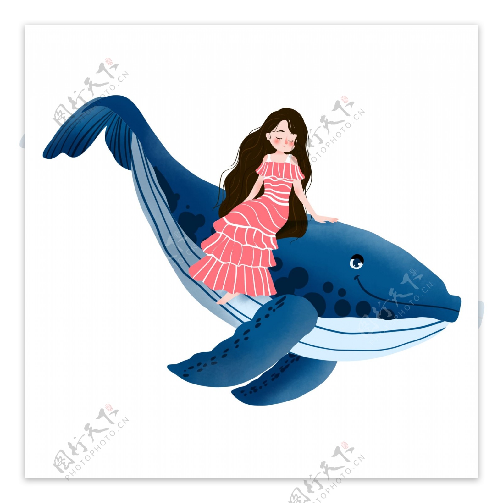 卡通简约女孩和鲸鱼装饰素材