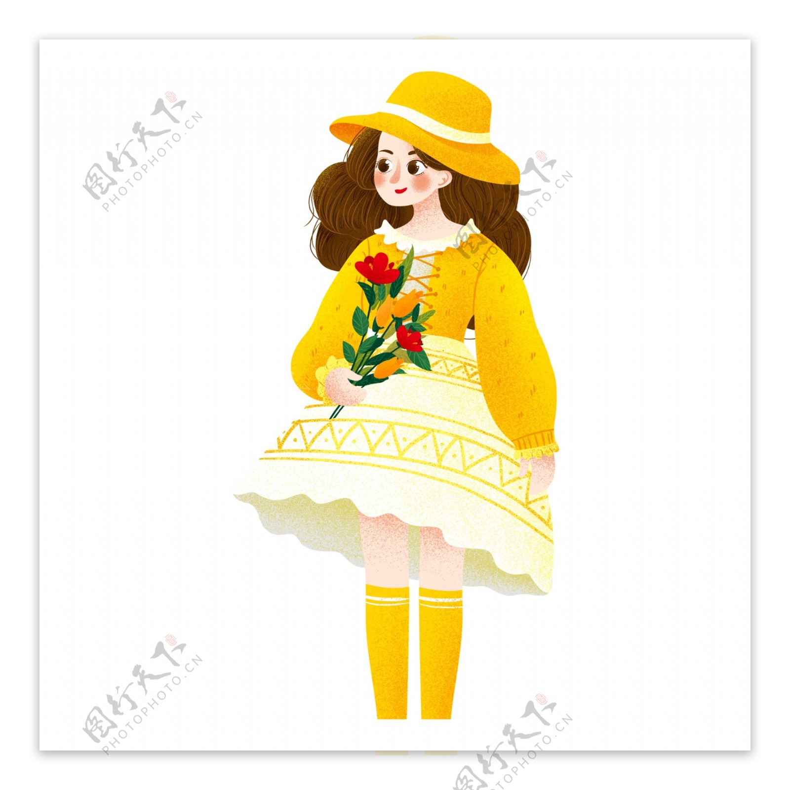 黄裙子的小女孩透明素材
