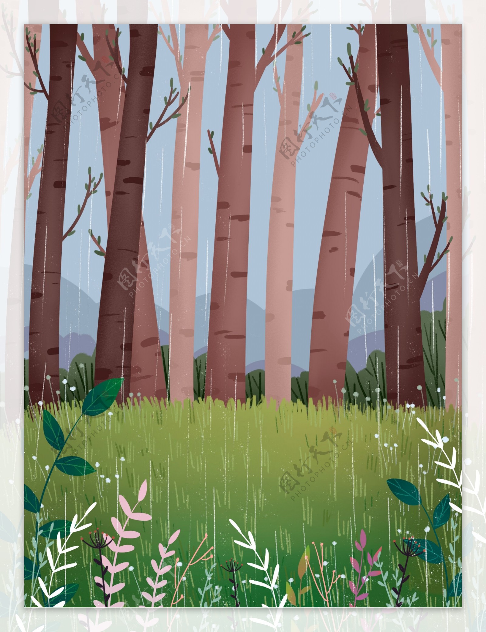 雨季手绘树林背景设计