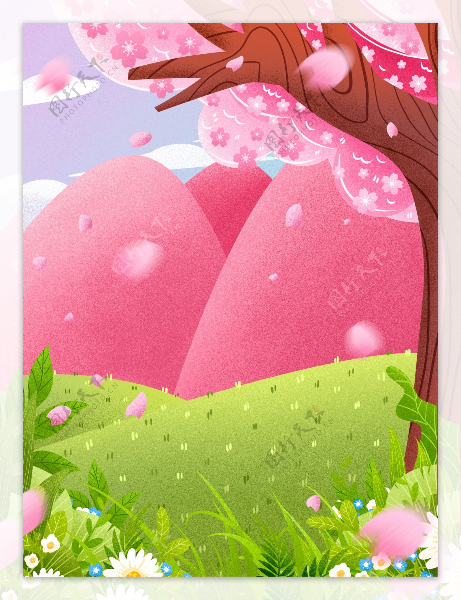 浪漫粉色樱花树插画背景
