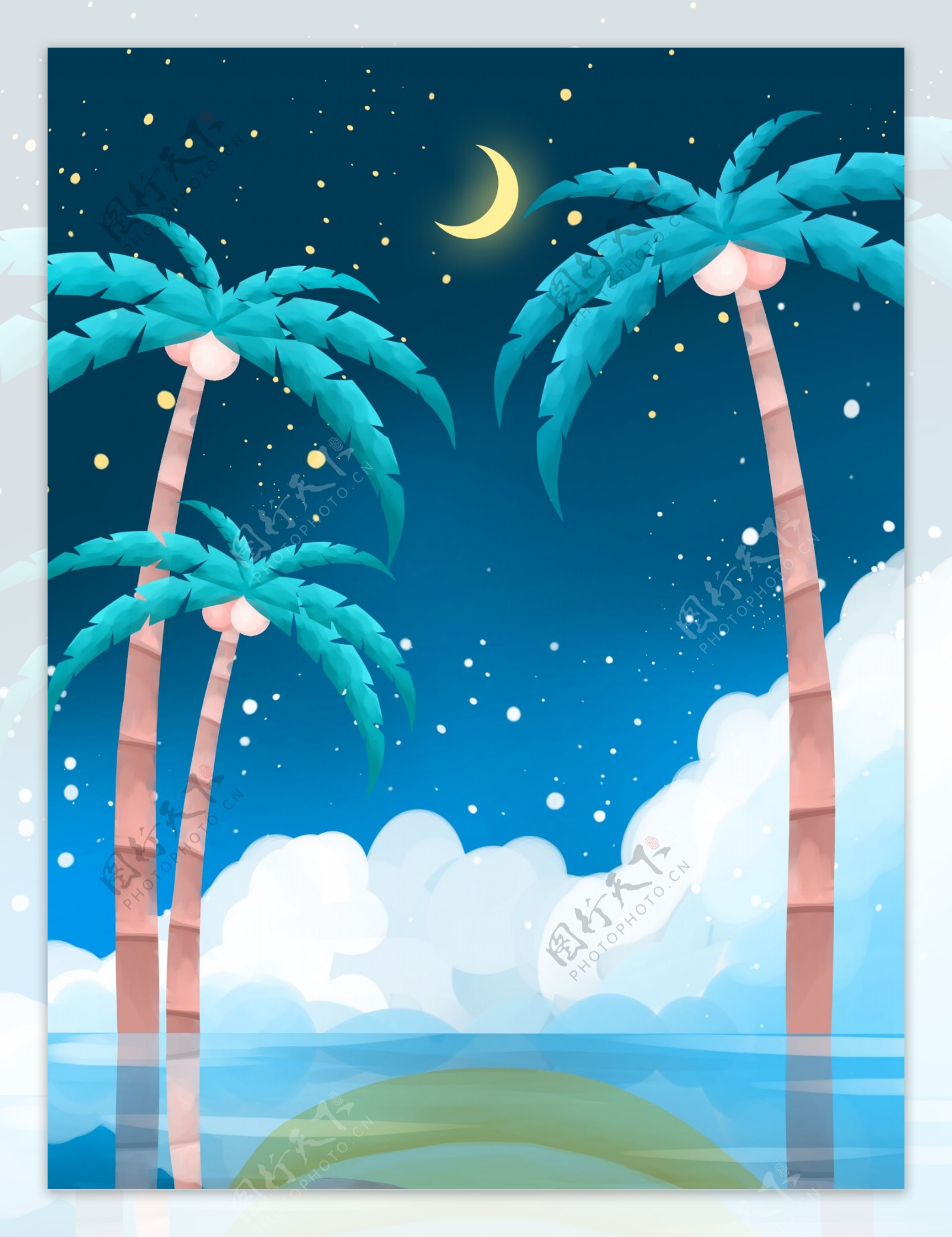 蓝色梦幻大气椰子树插画背景