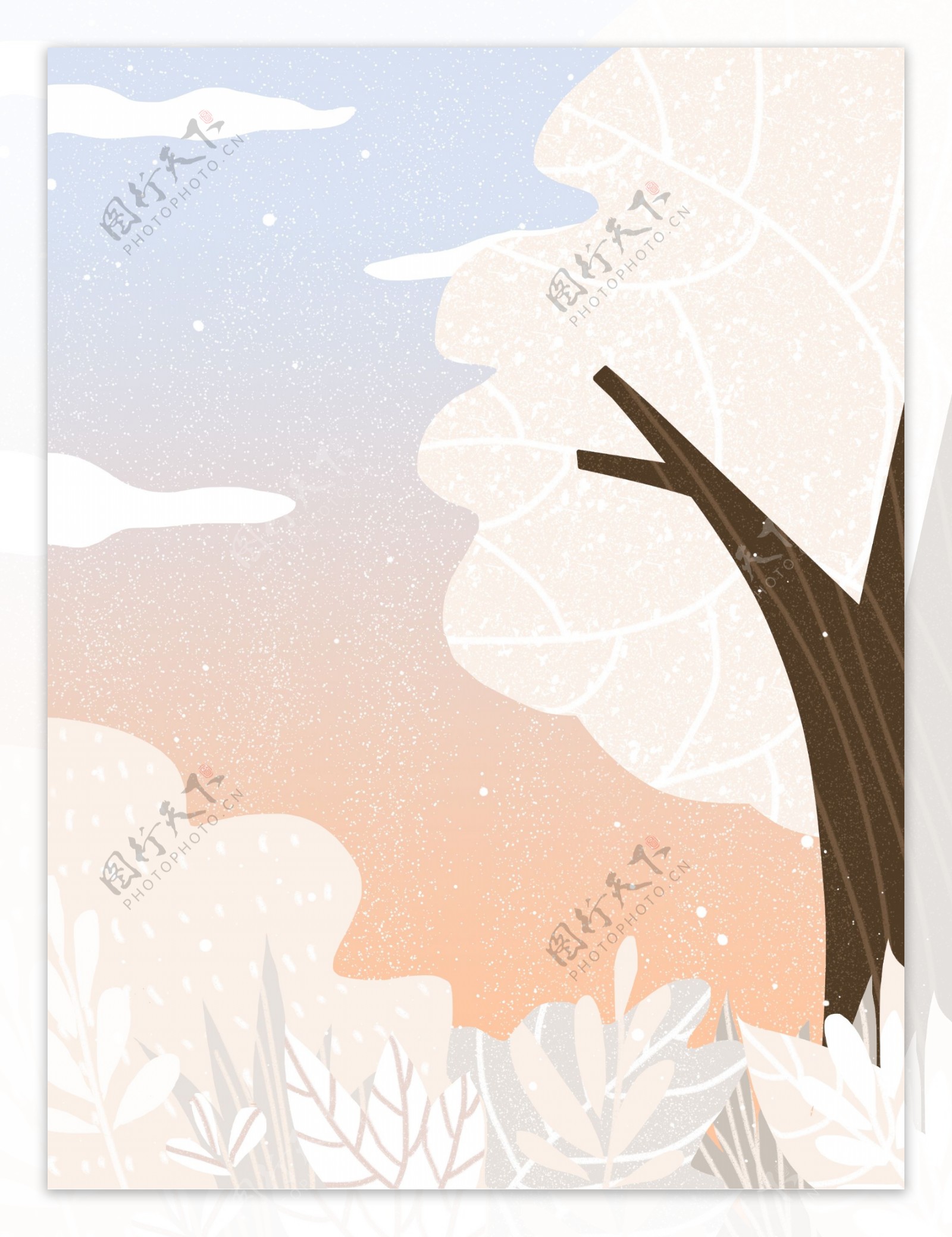 彩绘冬季大树花丛背景设计