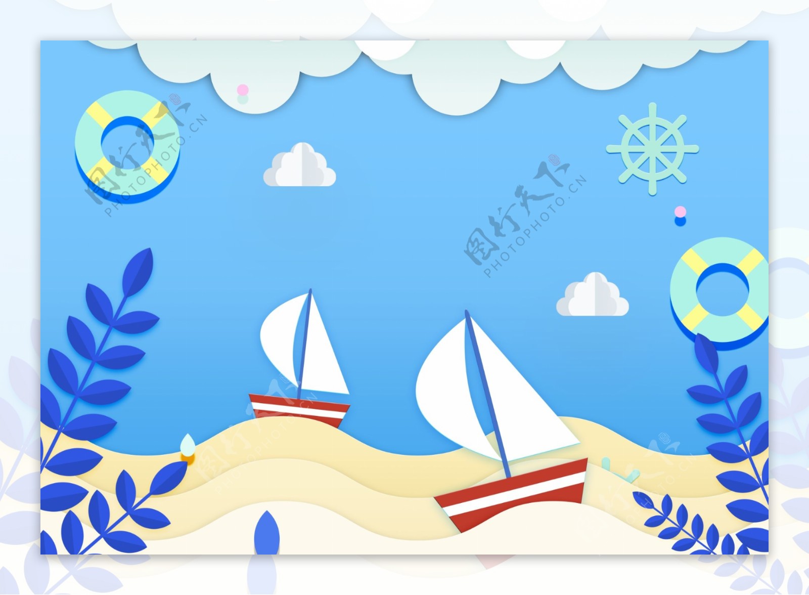 沙滩夏日清爽海面帆船度装饰元素