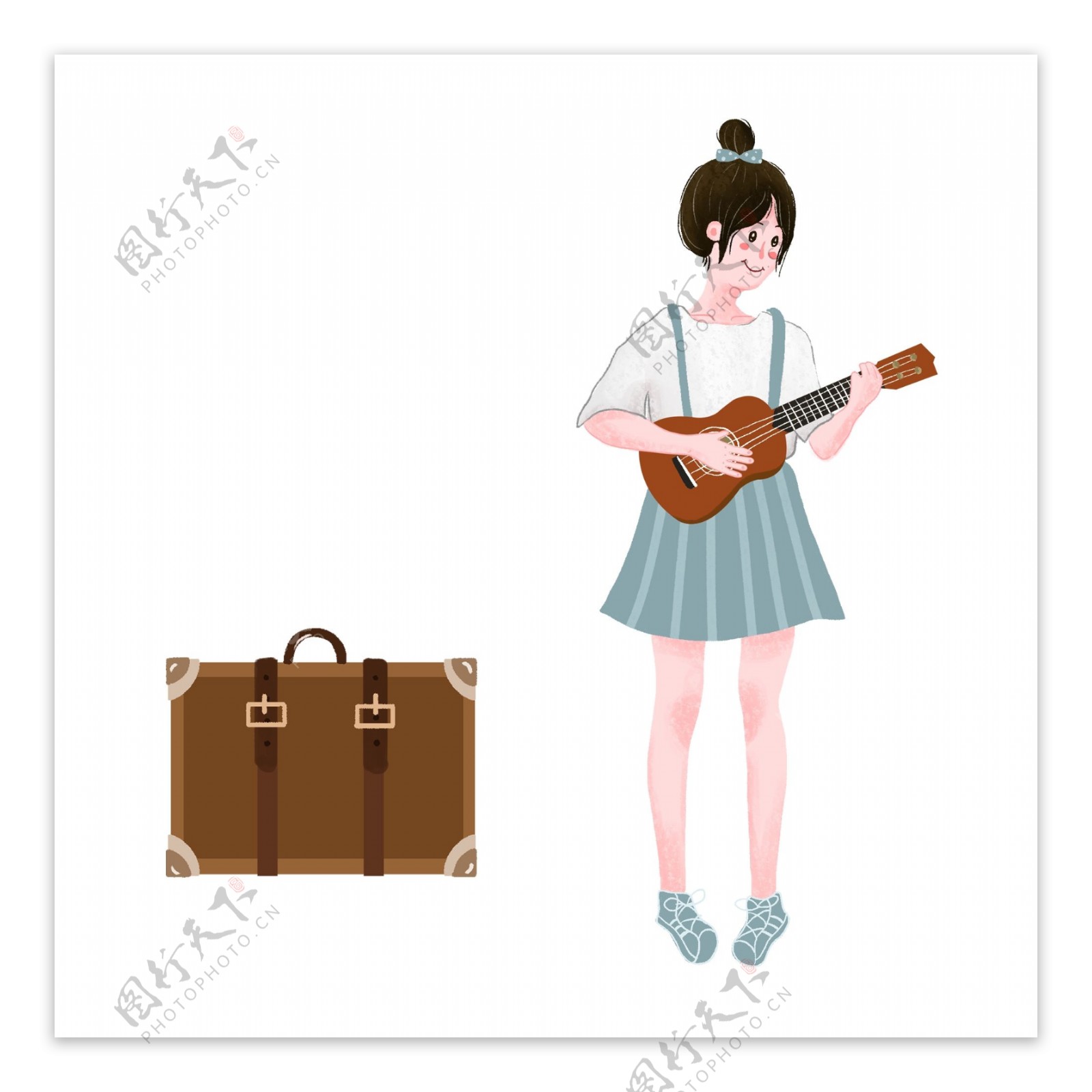卡通小清新旅行弹吉他的少女
