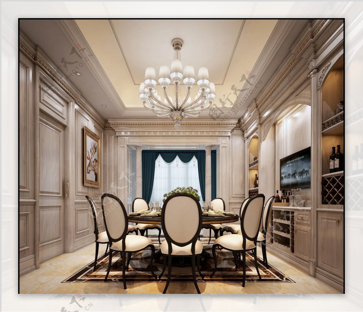 欧式白色餐厅效果图3D模型