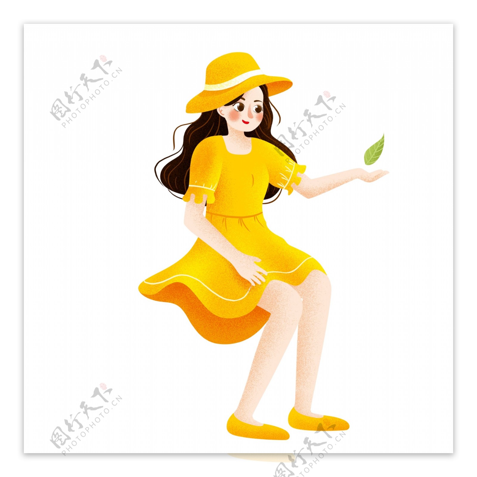 清新可爱穿着黄色连衣裙的少女手绘设计