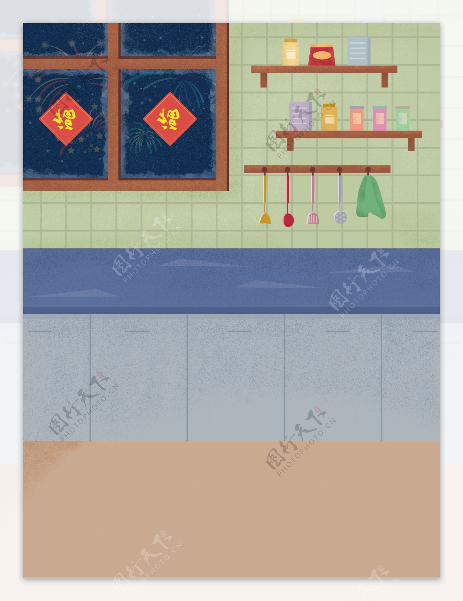 手绘春节厨房背景设计