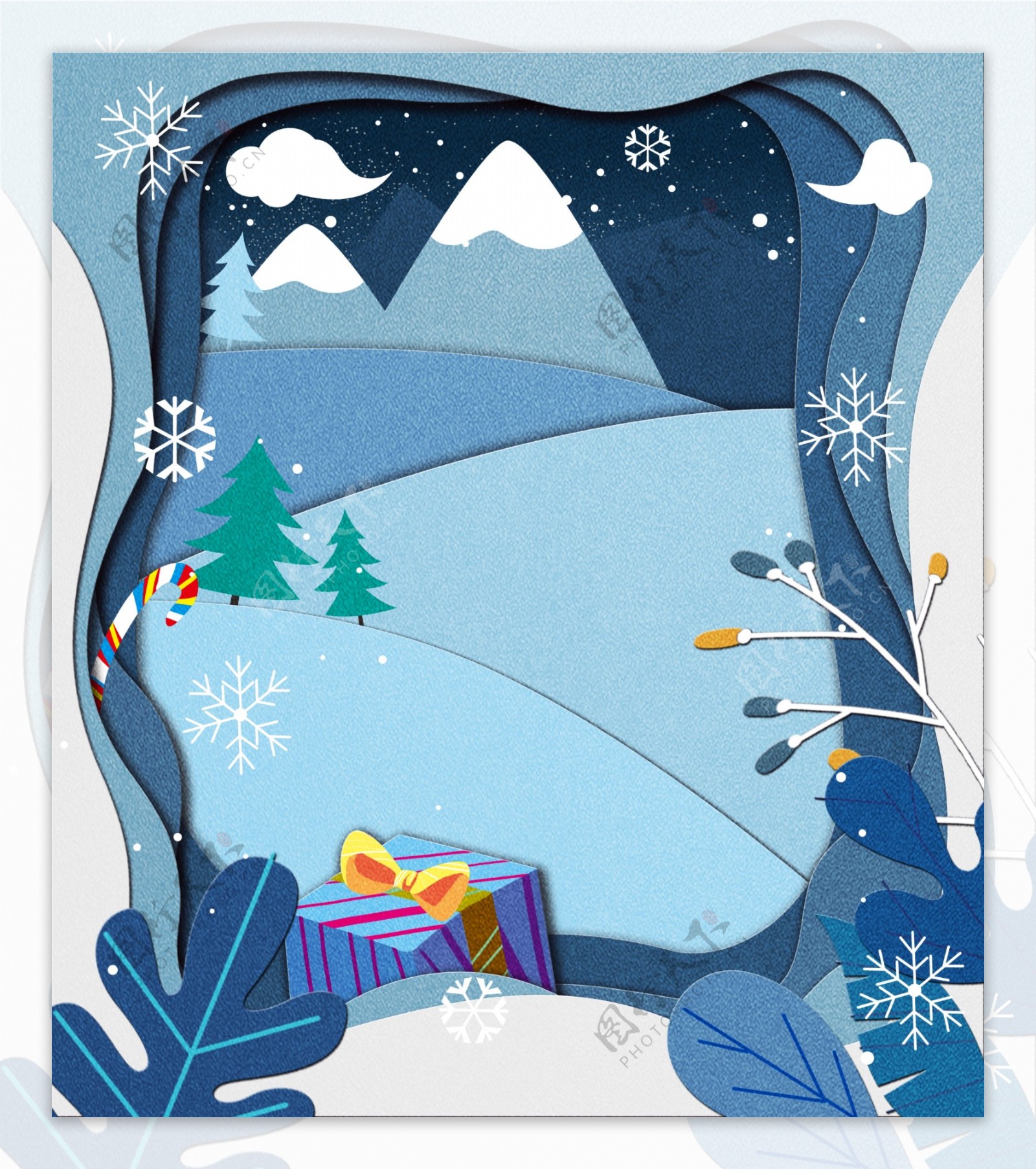 剪纸风蓝色雪地圣诞礼物背景设计