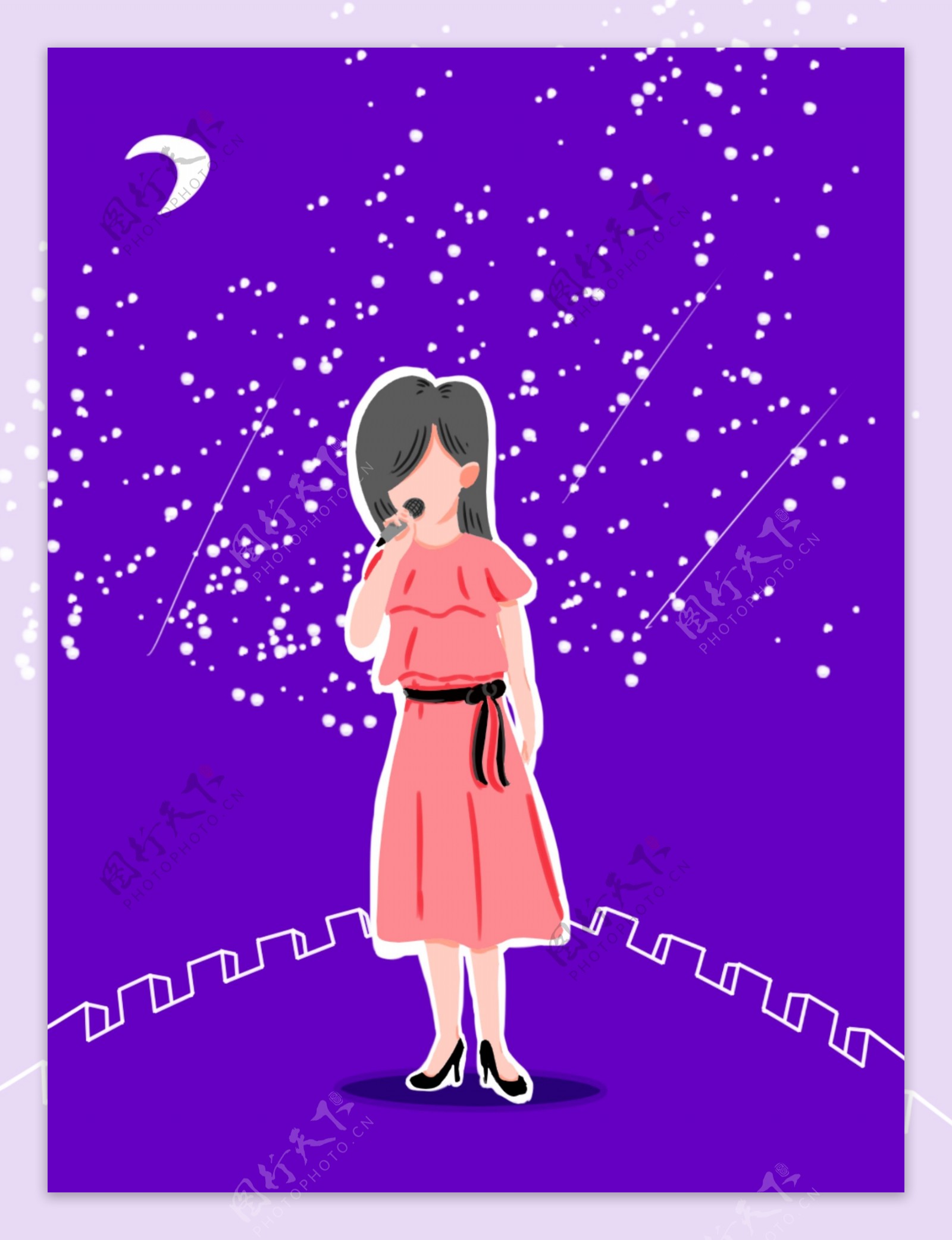 原创手绘唱歌的女孩紫色背景