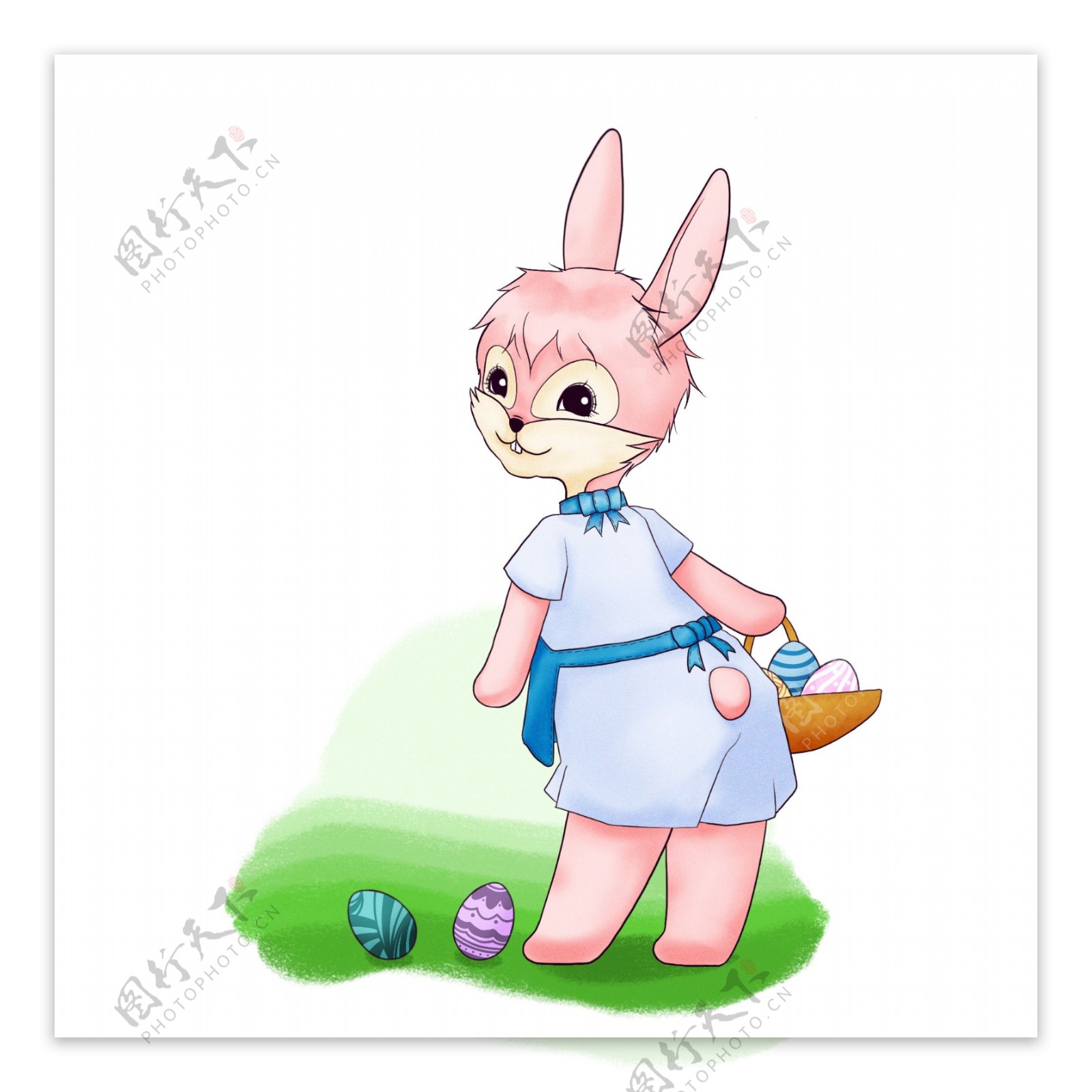 手绘风捡彩蛋的可爱复活节兔子