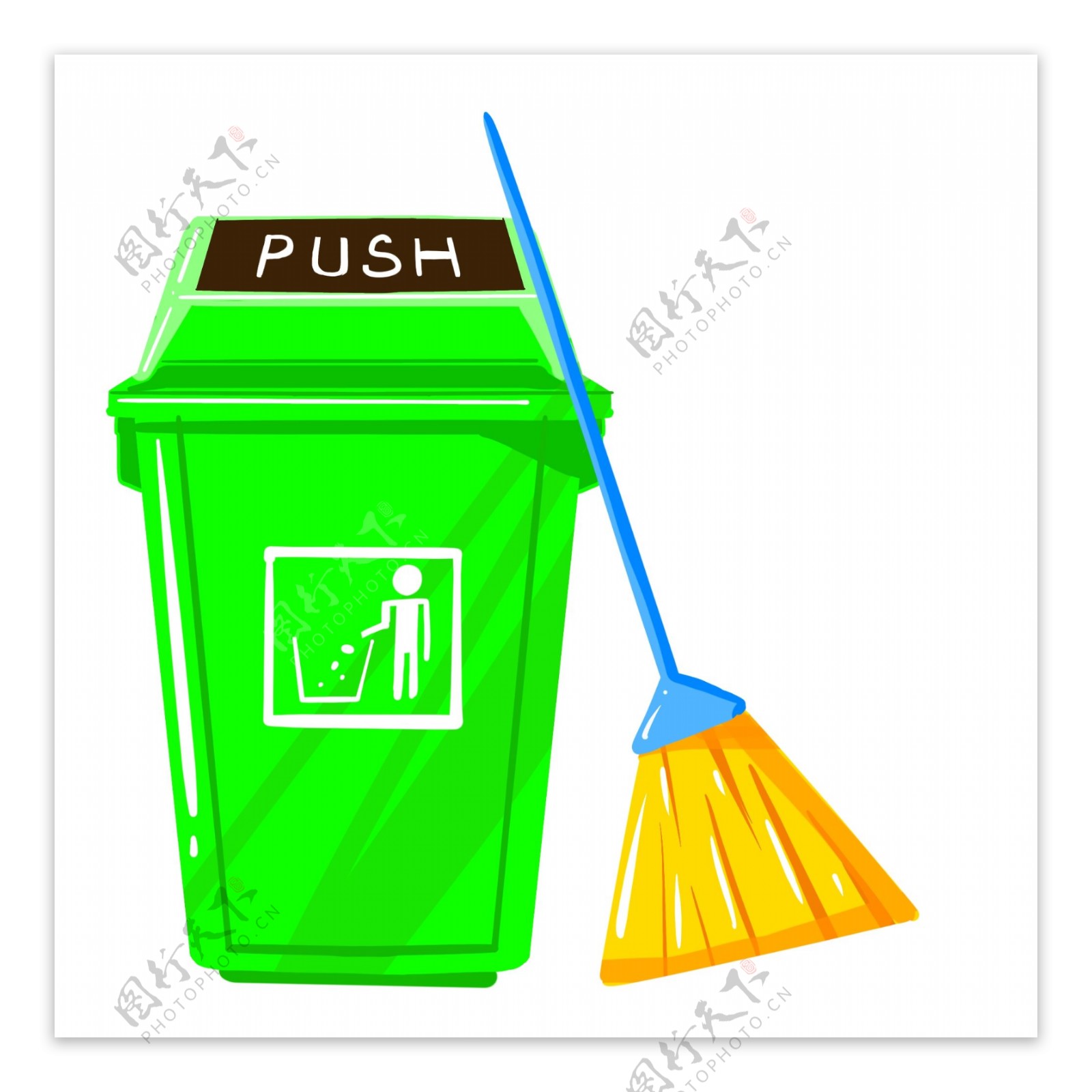 绿色垃圾桶和黄色扫把
