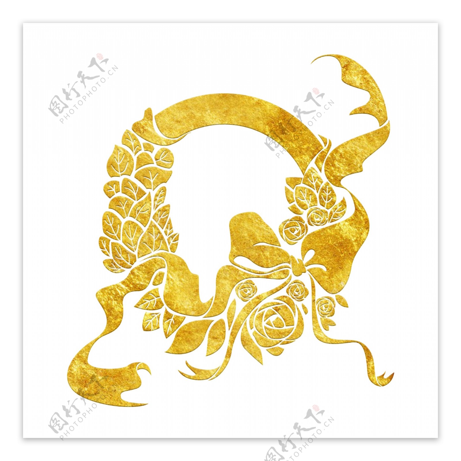 中国风传统烫金鲜花花纹装饰图之彩带玫瑰花环