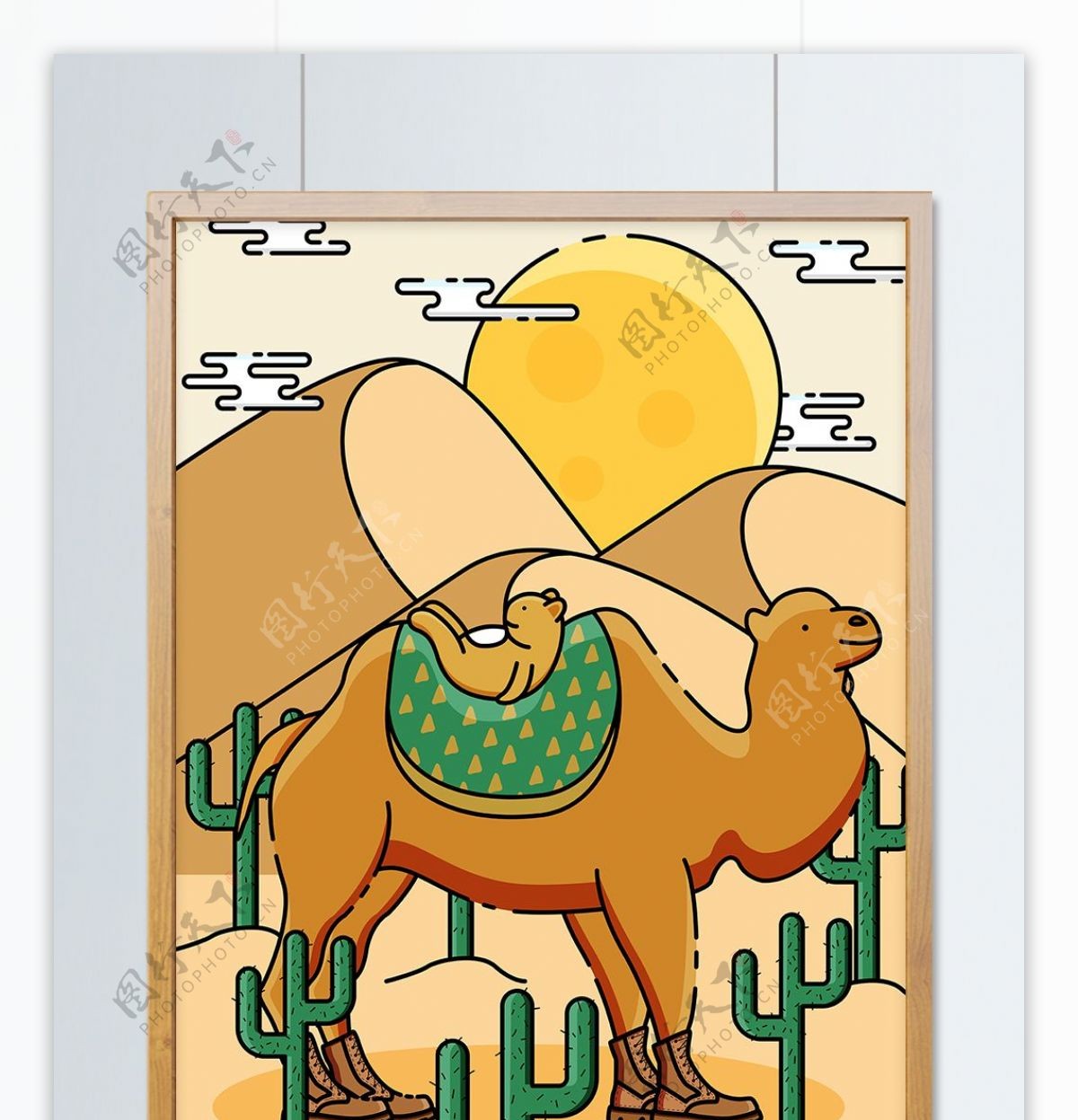 MBE沙漠骆驼仙人掌矢量插画可爱卡通扁平