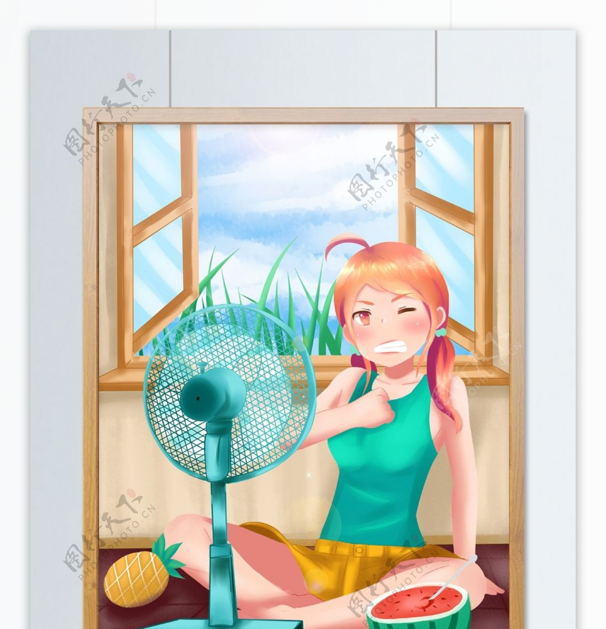 原创手绘插画立夏炎热夏天女孩吹风扇吃西瓜