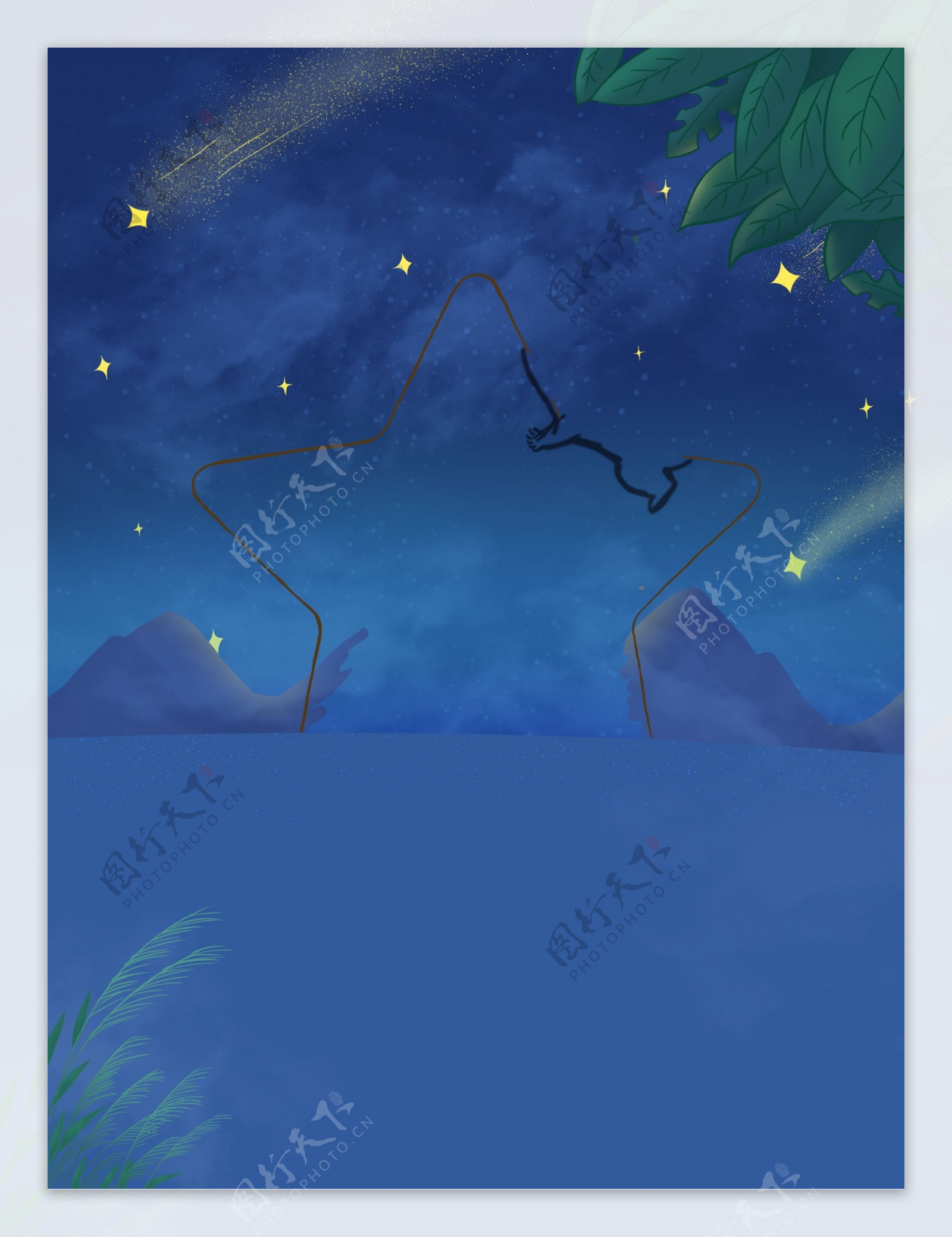蓝色海面星空晚安背景设计