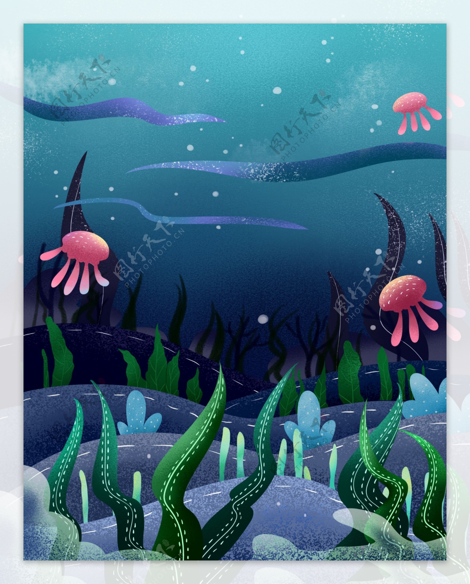 手绘海洋水母海草背景设计