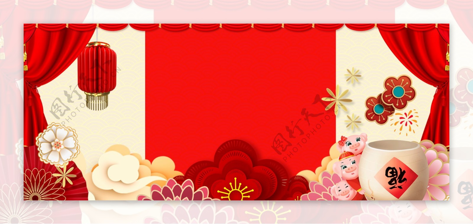 猪年中国风剪纸喜庆春节红色背景