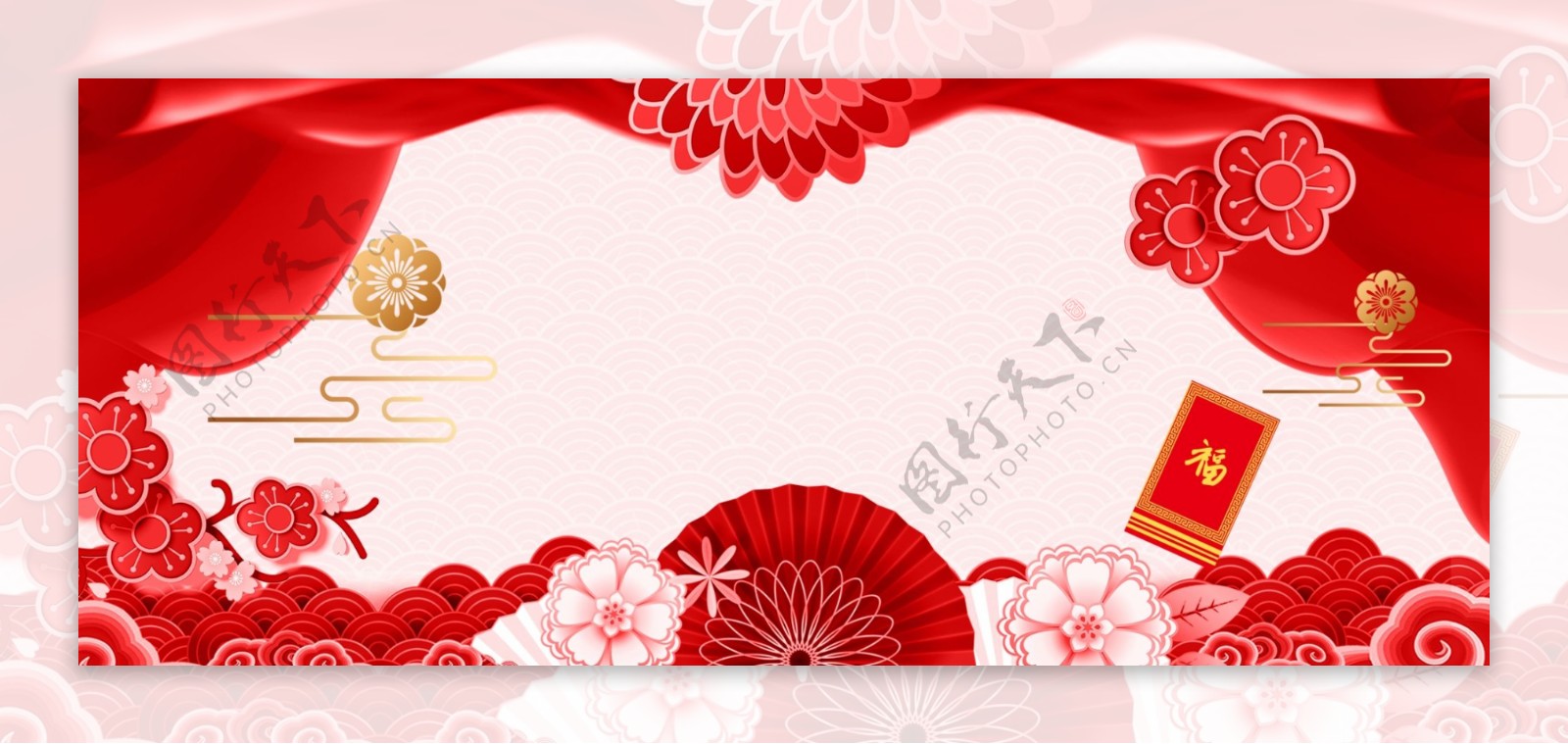 春节剪纸中国风猪年喜庆红色背景