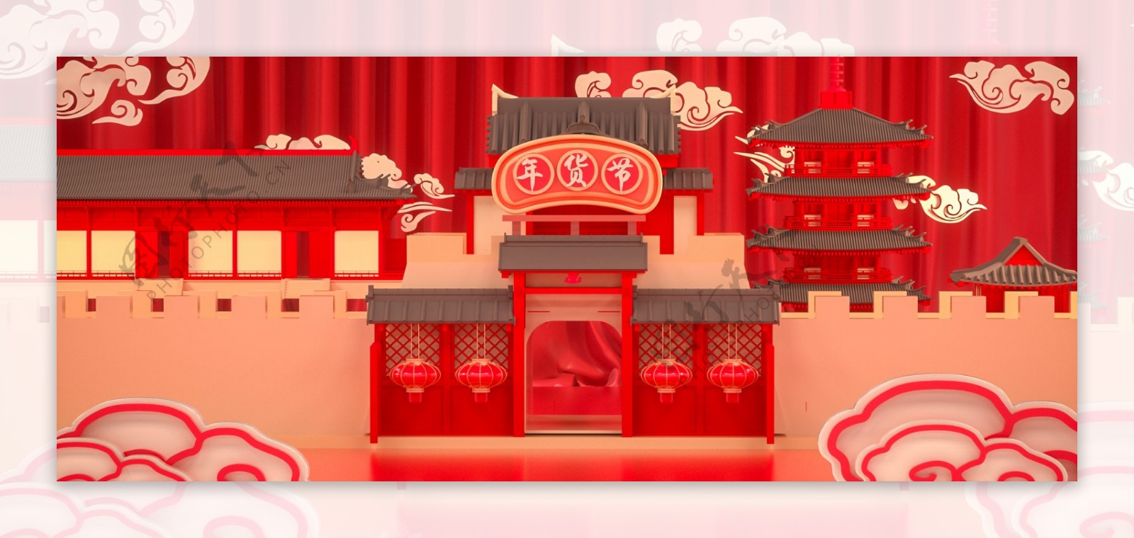C4D红色新年年货节促销电商海报传统建筑
