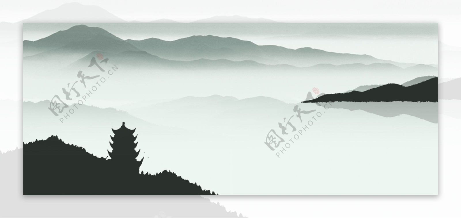中国风中式剪影水墨山水建筑古典海报