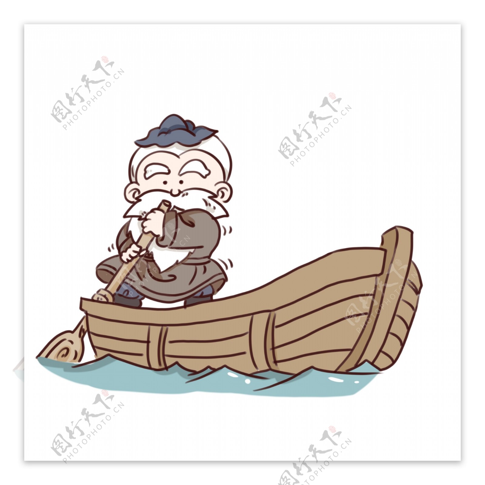 手绘卡通老渔翁划船