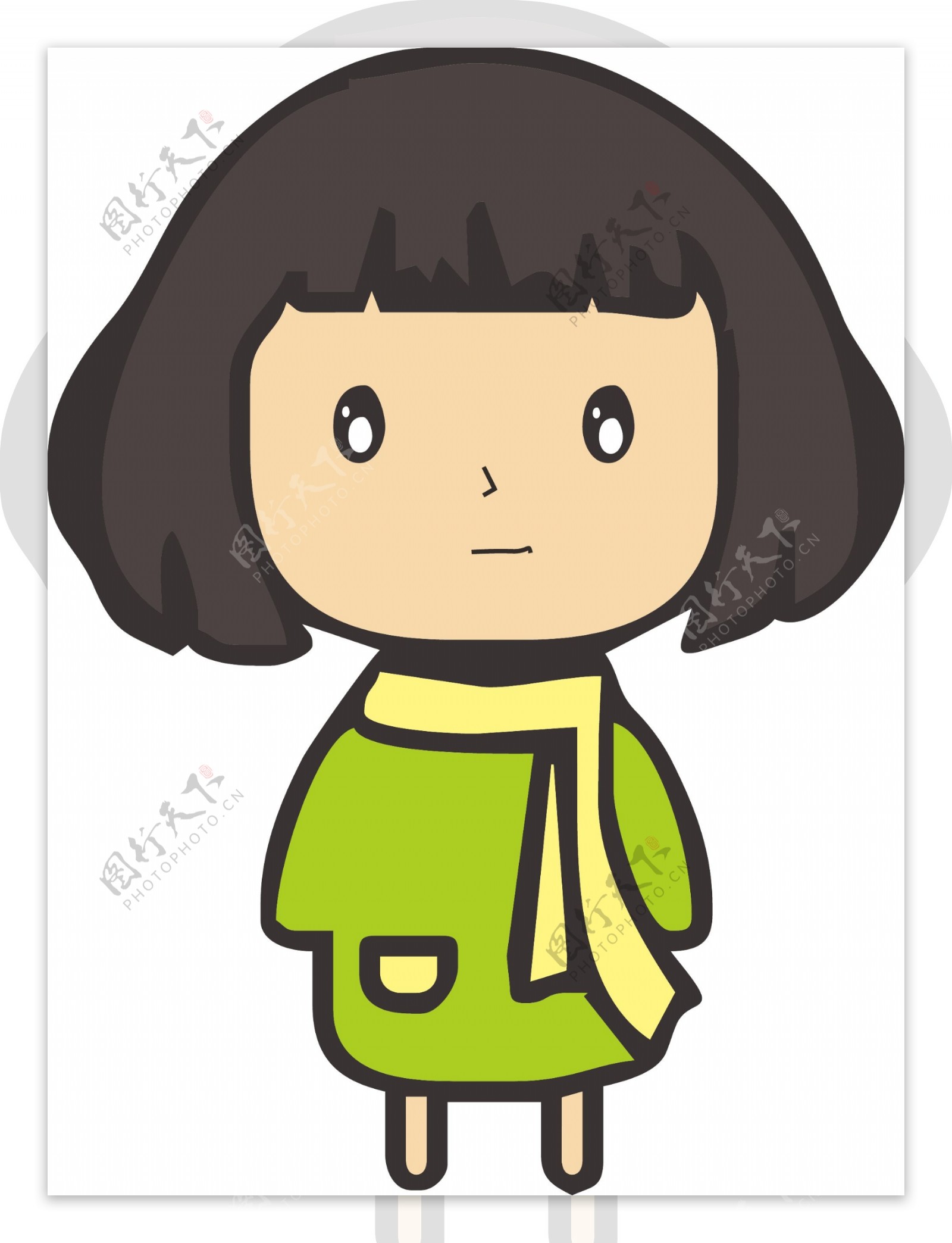 手绘卡通穿绿色裙子戴围巾的可爱小女孩免抠元素