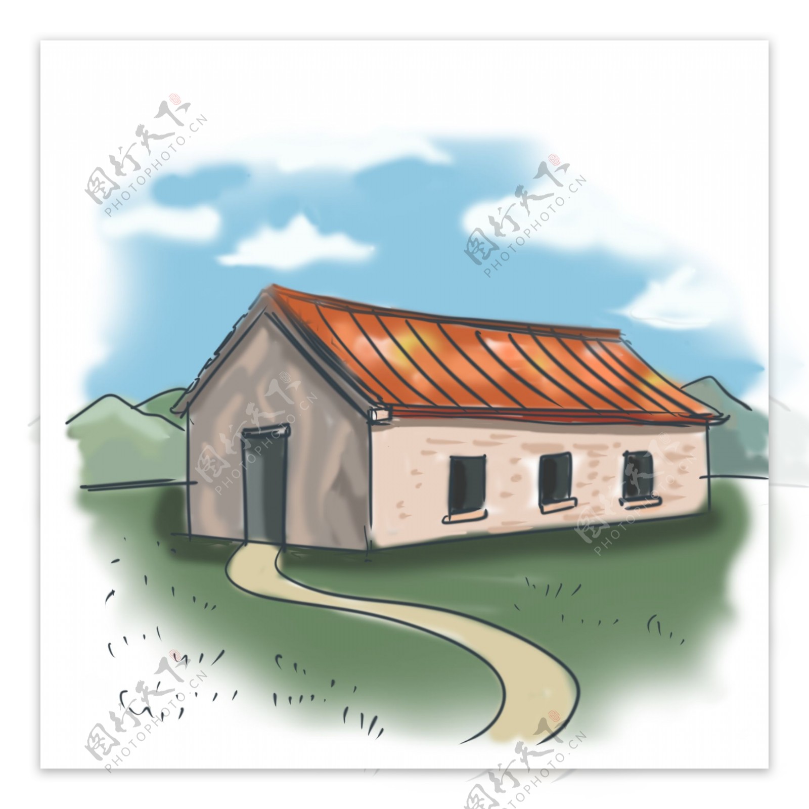 房屋主题砖房卡通手绘