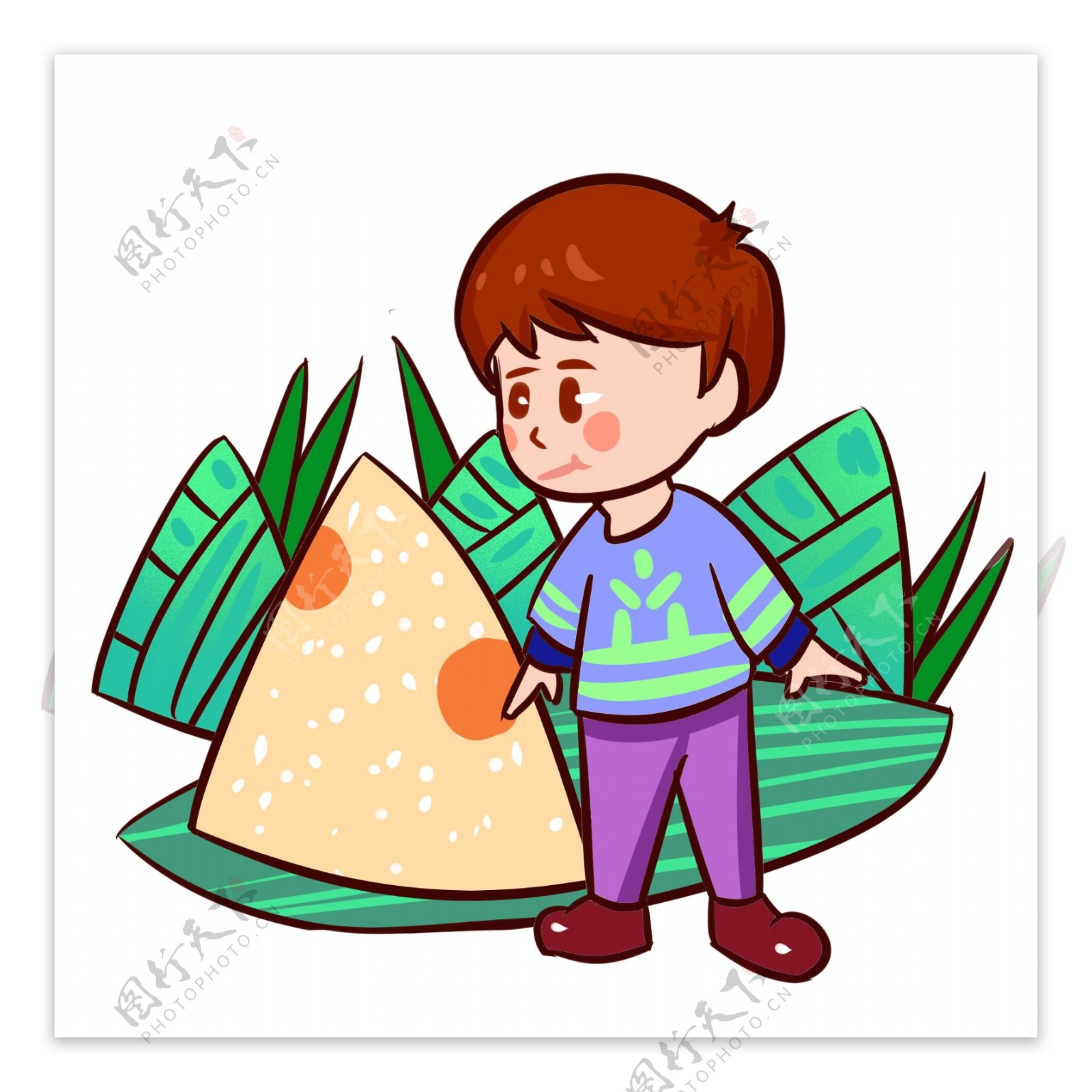 端午节吃粽子的男孩手绘插画
