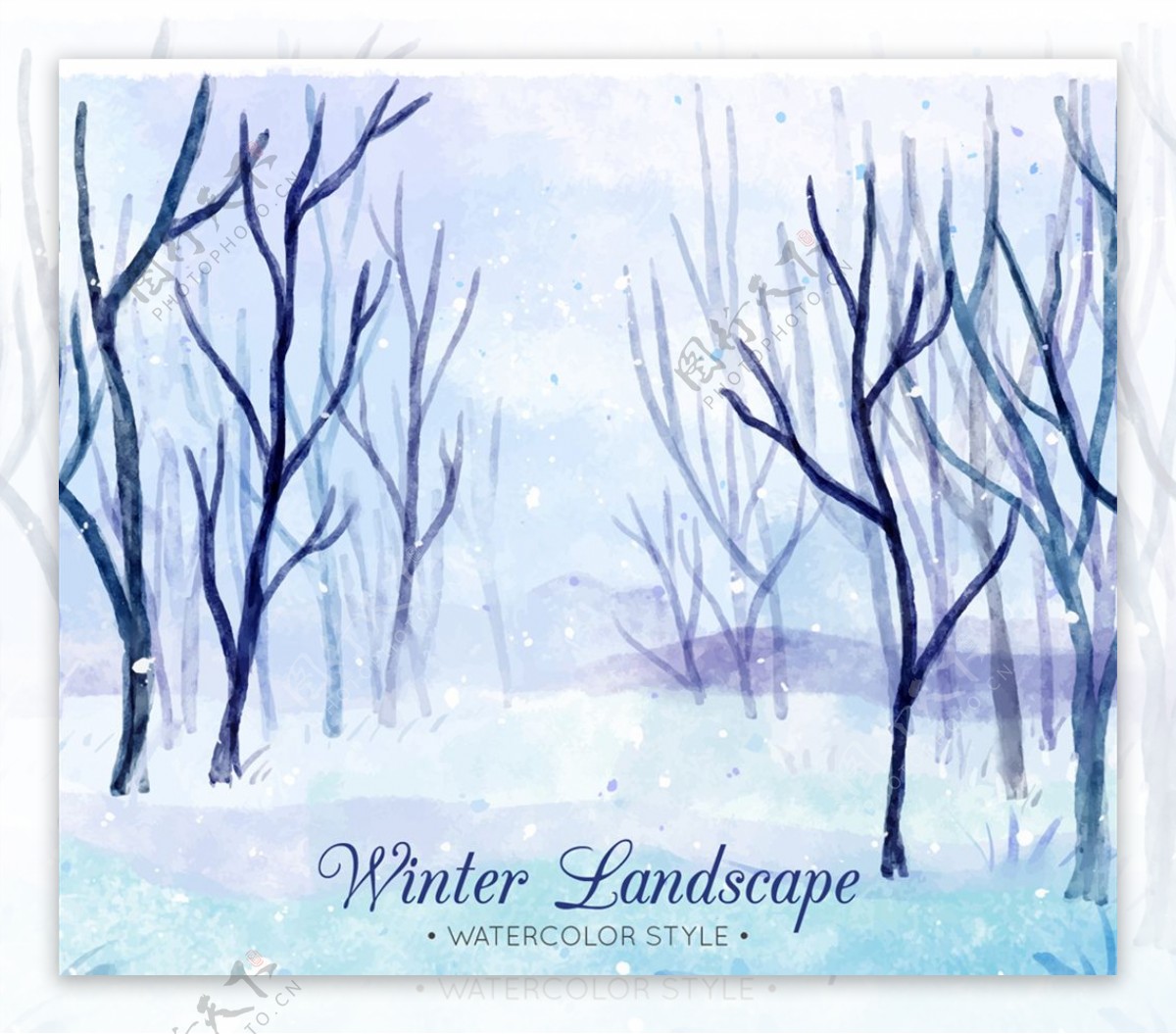 水彩绘冬季雪地树林风景