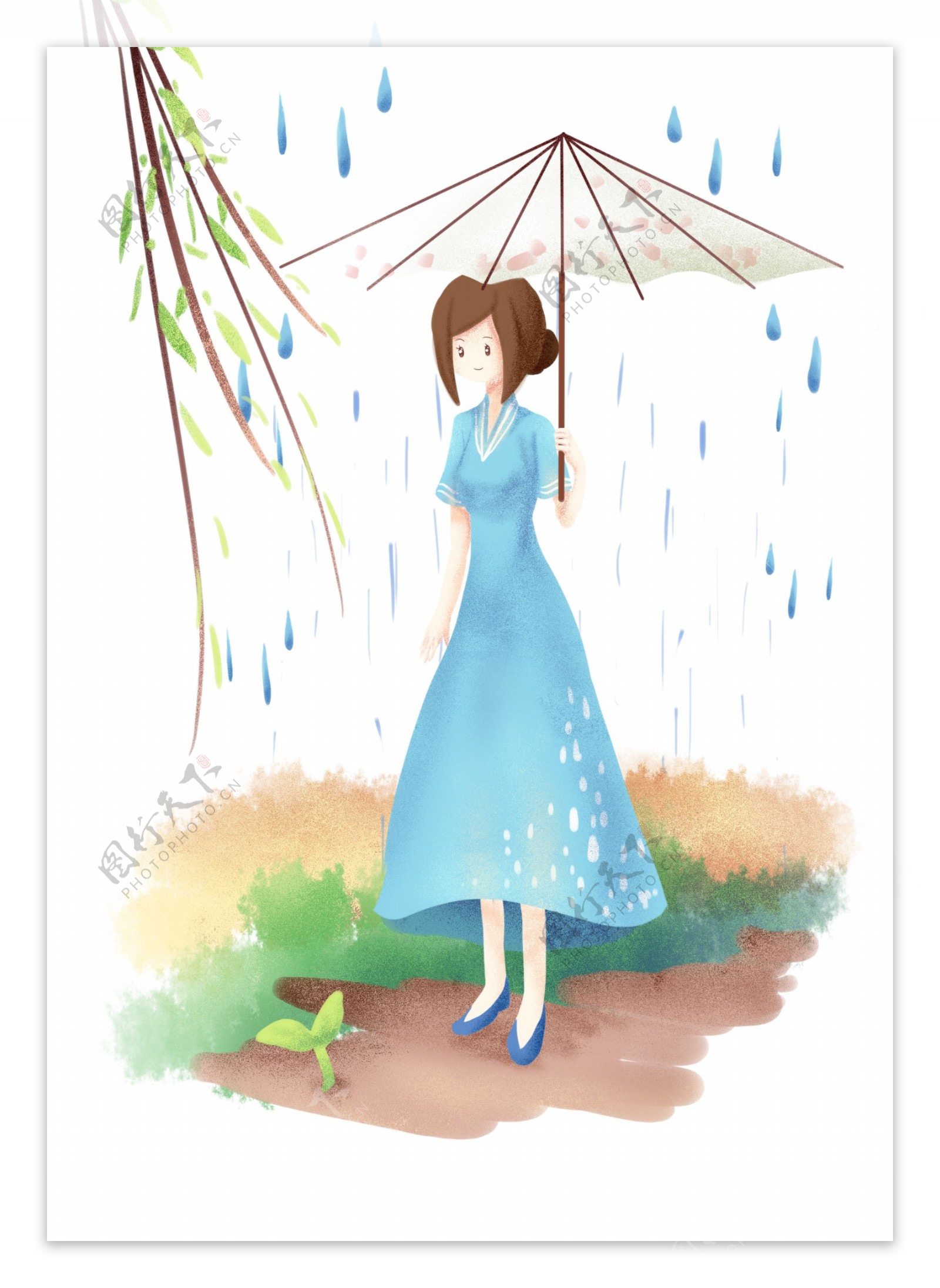 谷雨节气油伞插画