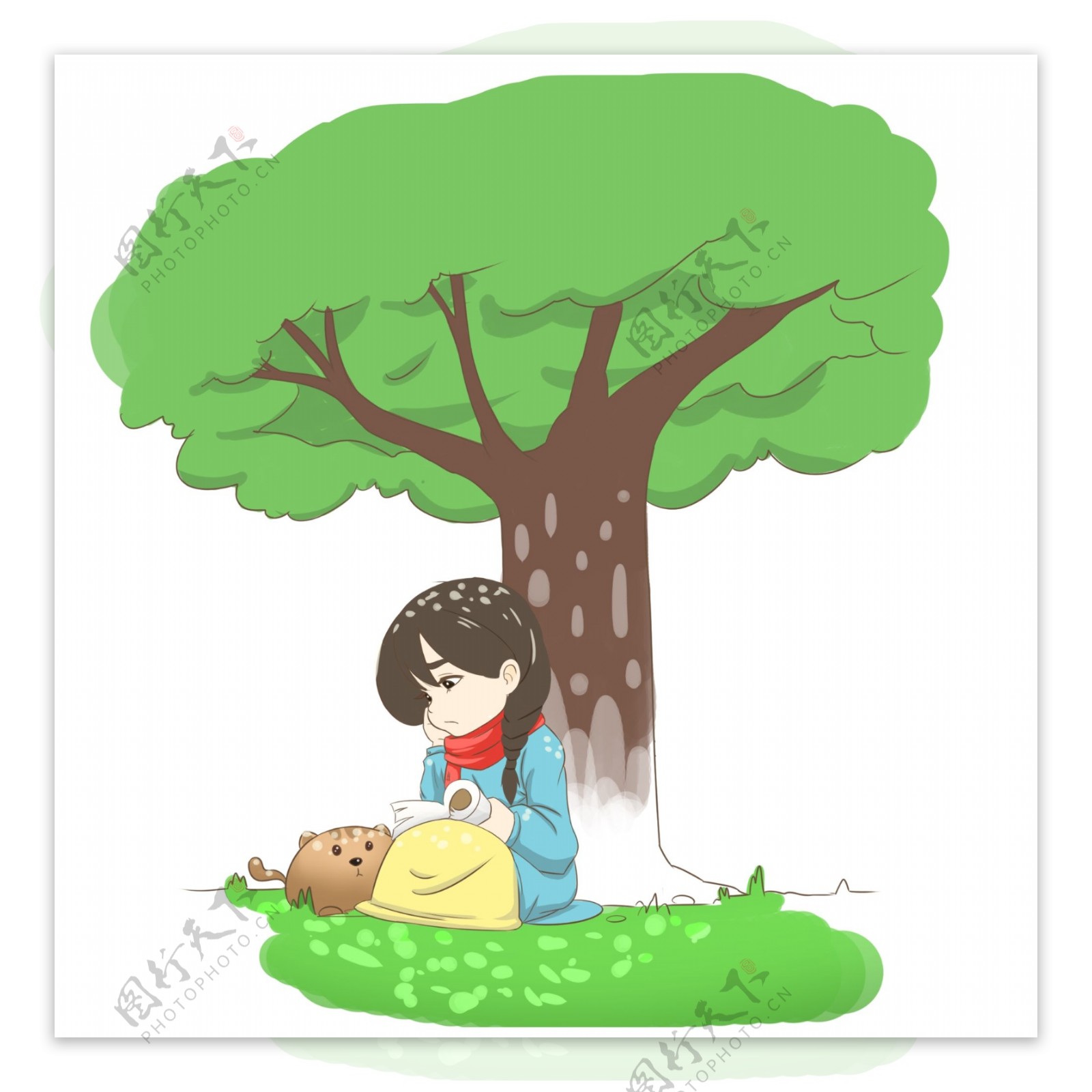 小女孩在树下看书卡通手绘