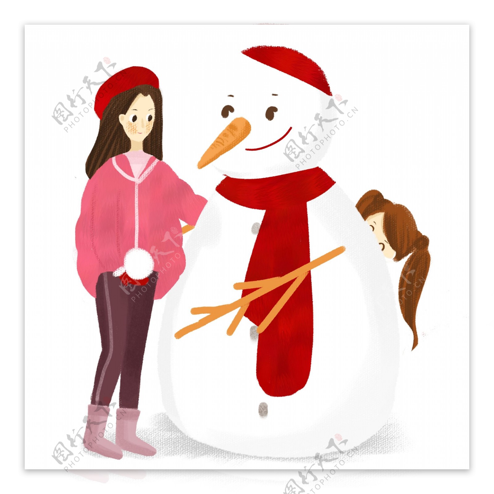 圣诞节女孩堆雪人手绘免抠图