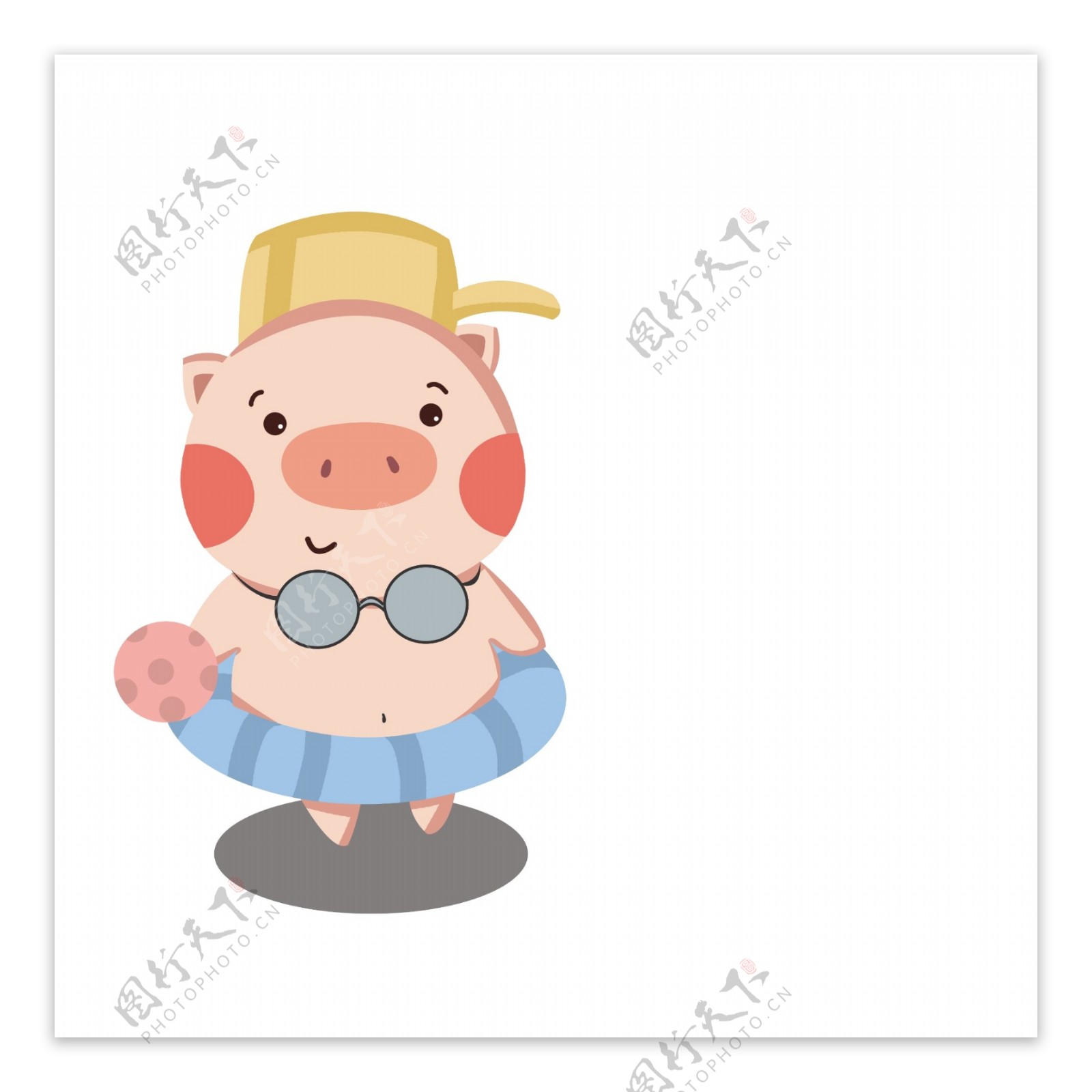 卡通手绘猪年可爱呆萌带游泳圈去游泳的小猪