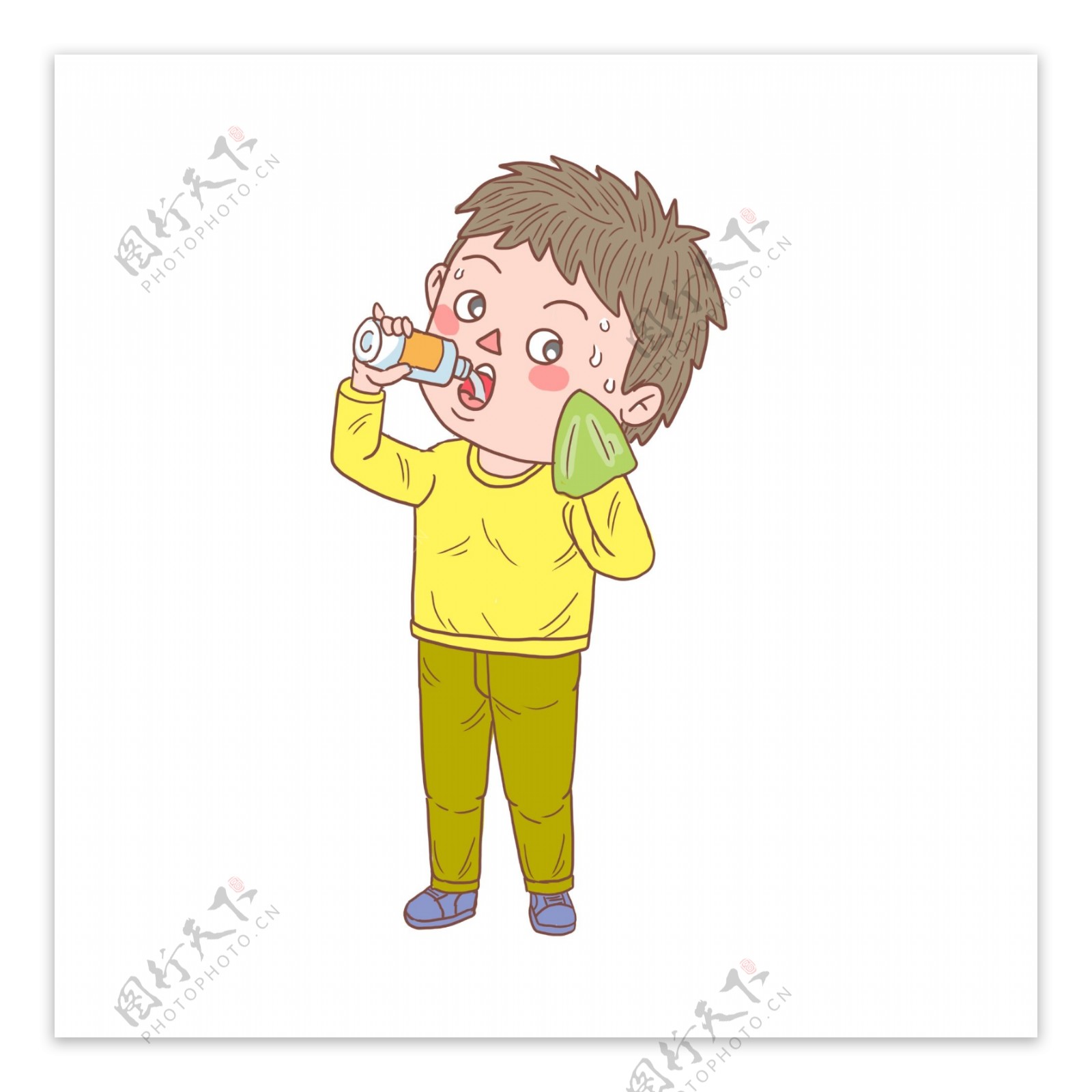 卡通手绘人物喝水擦汗男孩