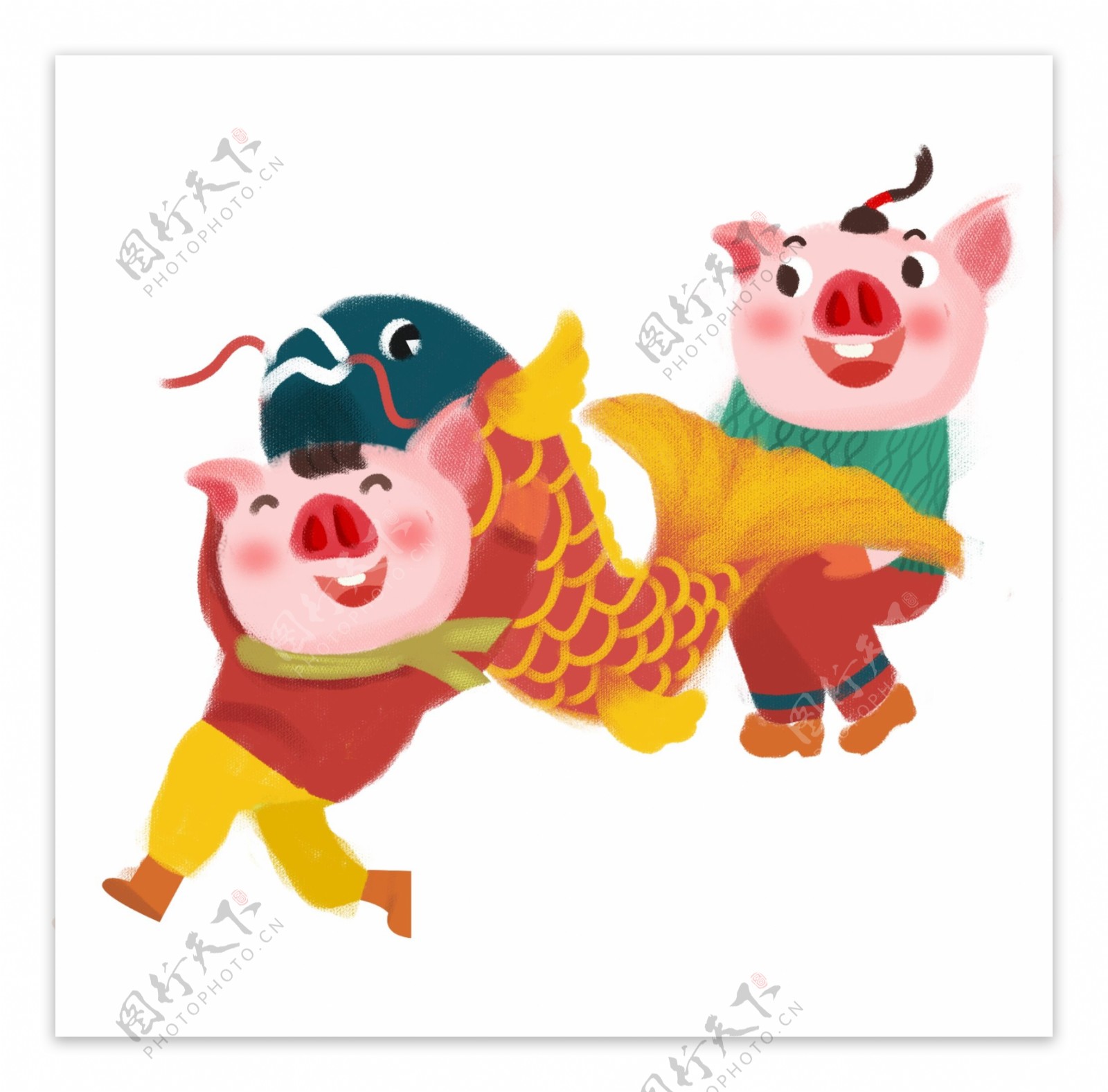 春节卡通手绘年画风格锦鲤和小猪