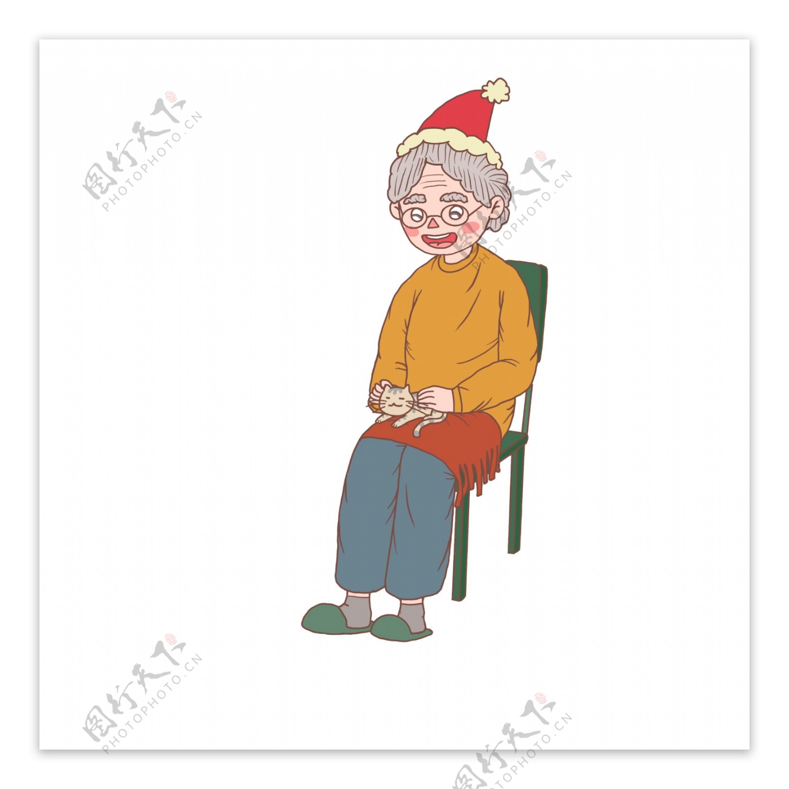 圣诞节卡通手绘拿坐着老太太