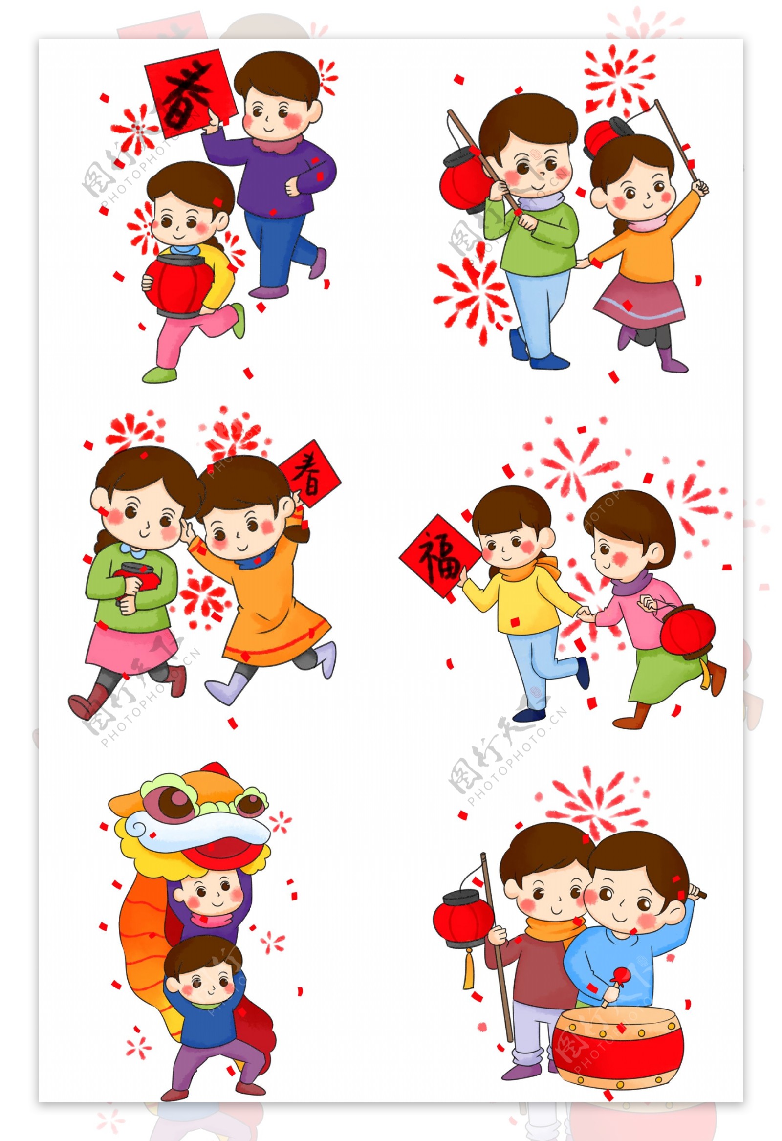 节日春节放鞭炮卡通人物插画