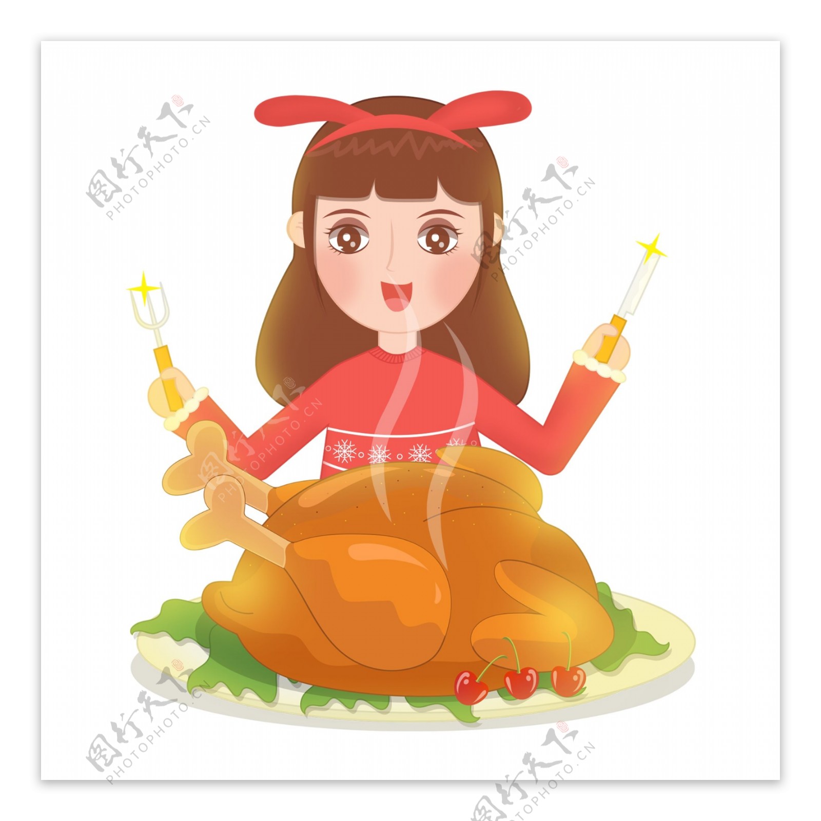 卡通手绘感恩节女孩开心吃火鸡