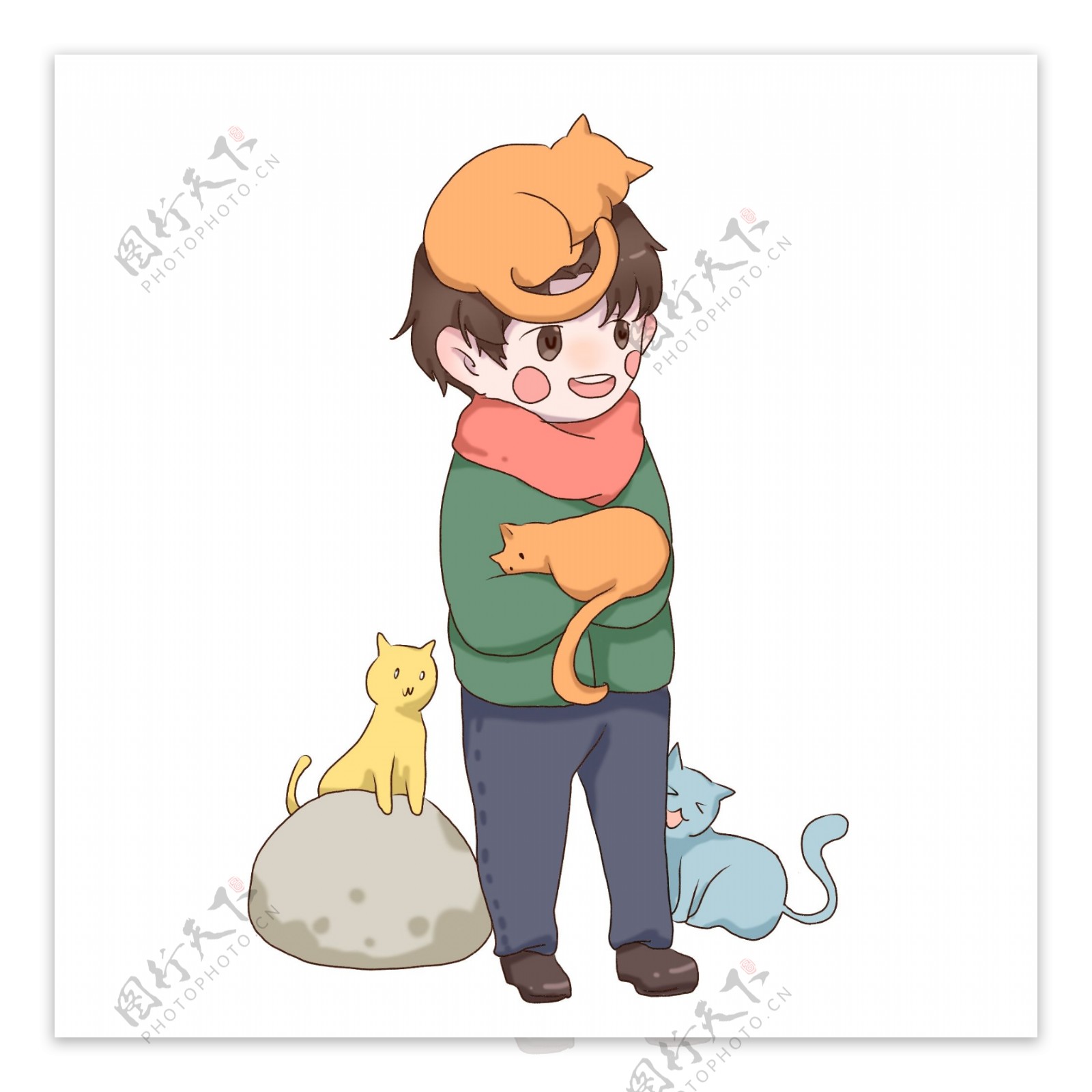 手绘卡通可爱抱着动物的男孩