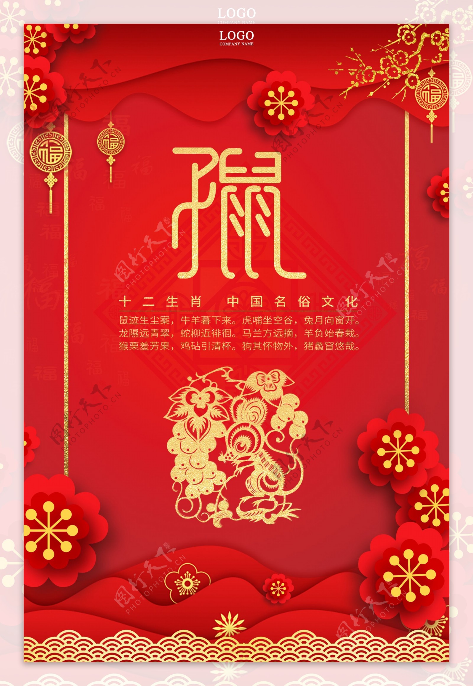 红色十二生肖中国剪纸风子鼠海报