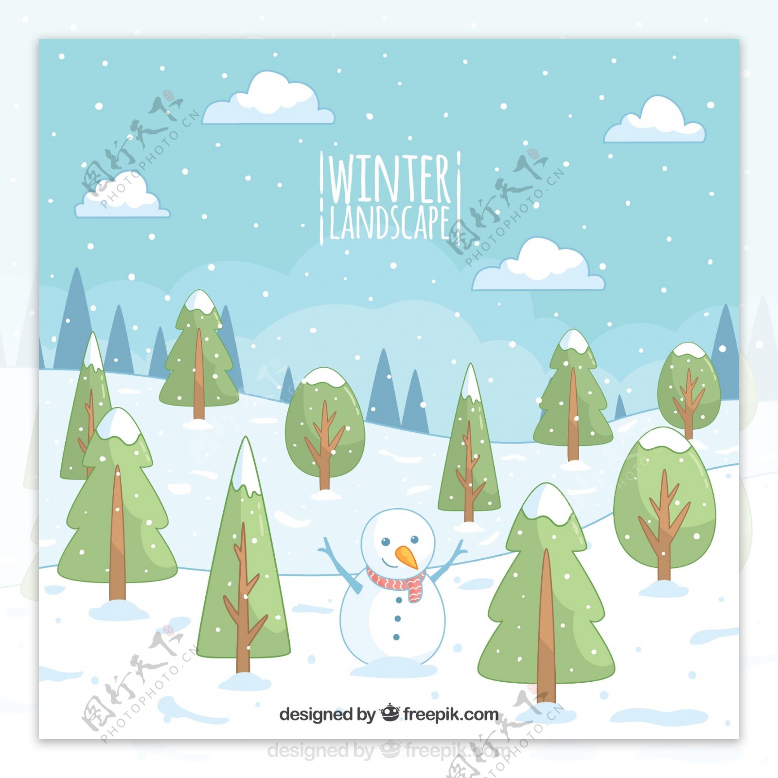 冬季雪人和树木