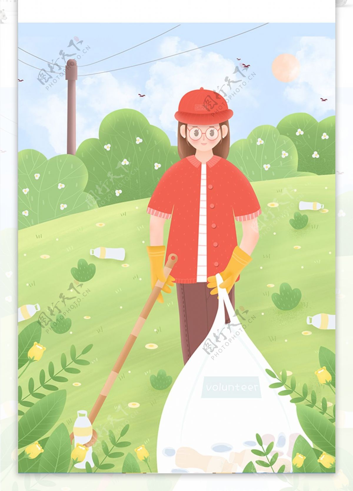 小清新世界卫生日之清理景点垃圾的女孩插画