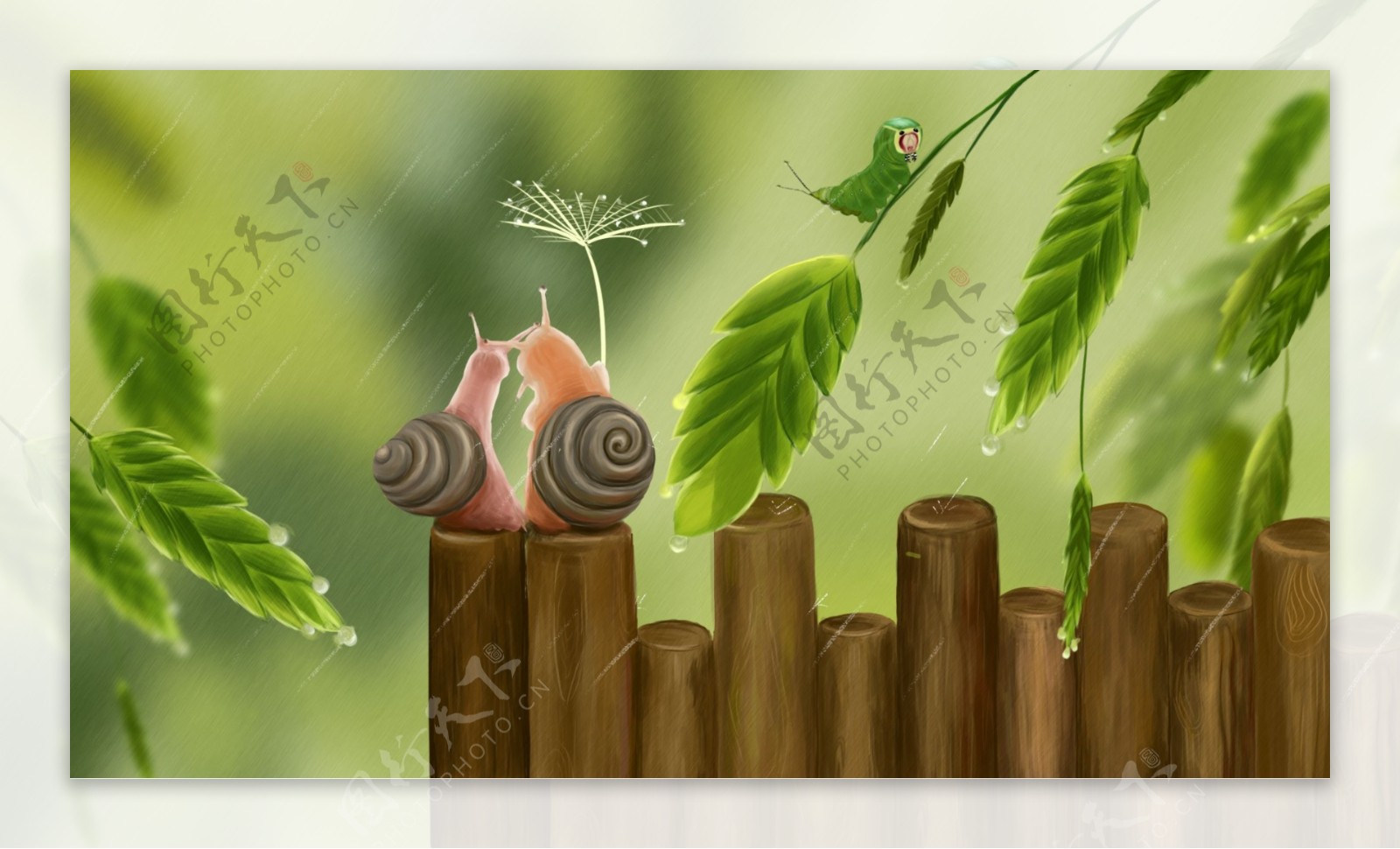 绿色小清新谷雨节气蜗牛插画背景设计