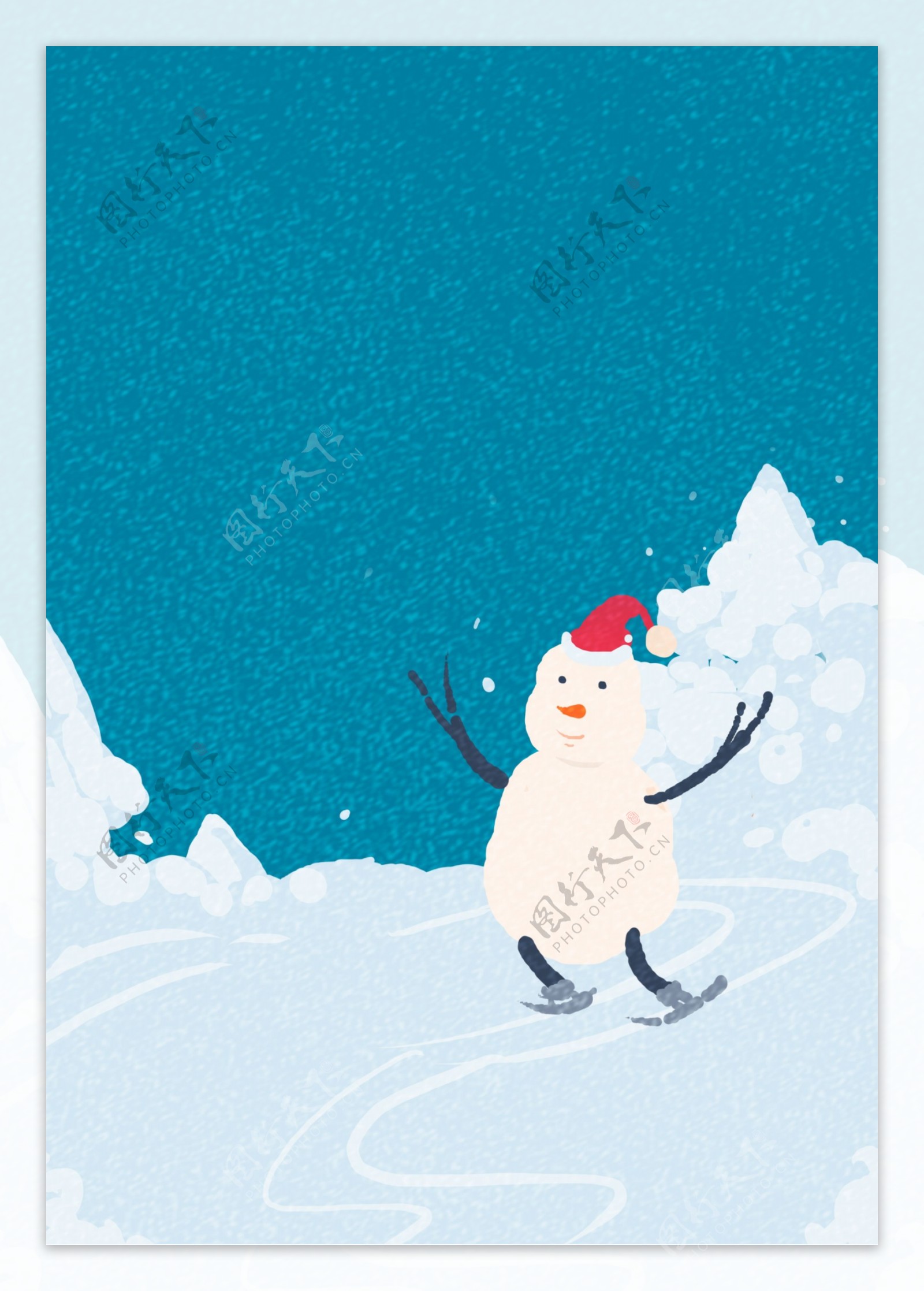 手绘小清新冬季下雪天雪地上雪人背景
