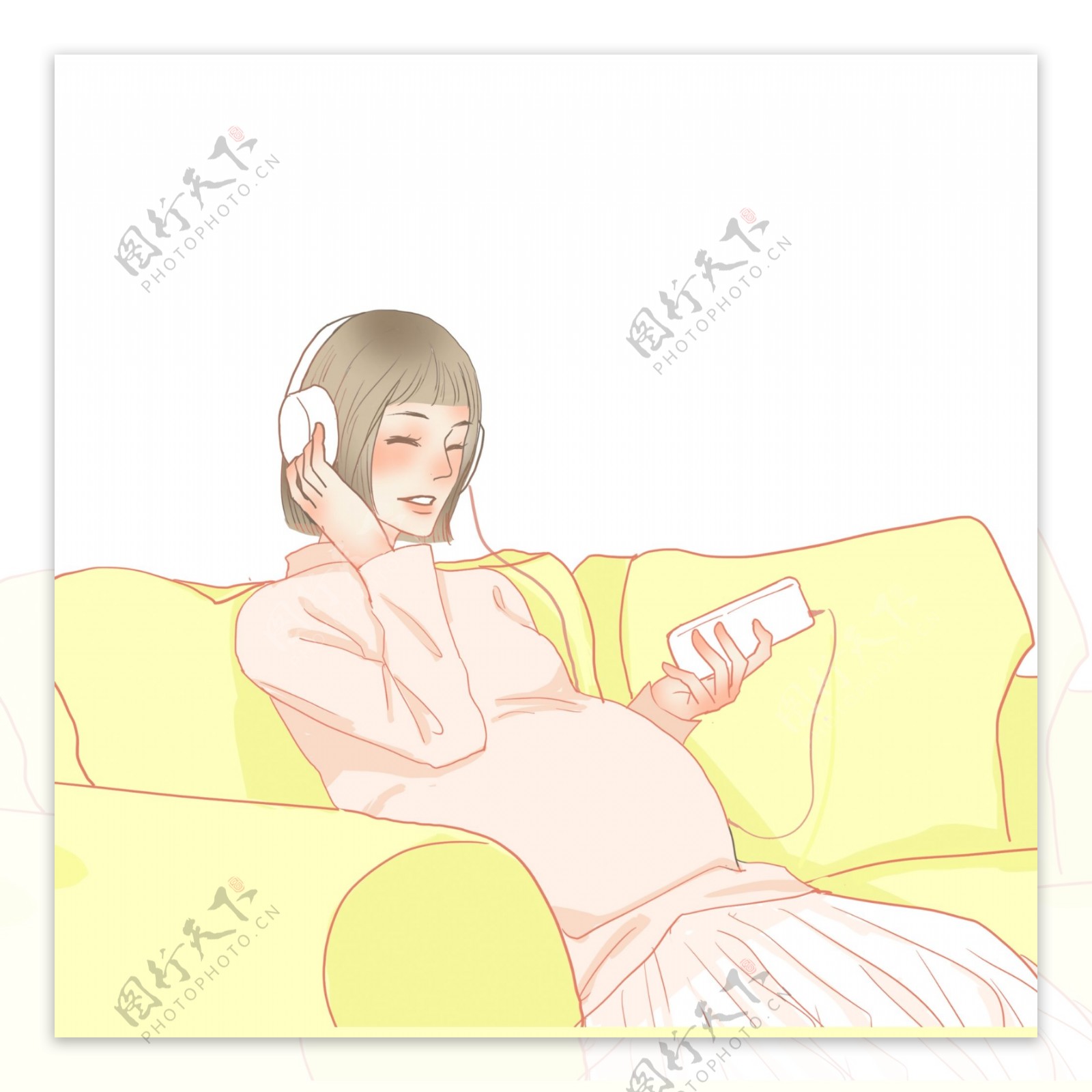 小清新手绘坐在沙发上听音乐的孕妇
