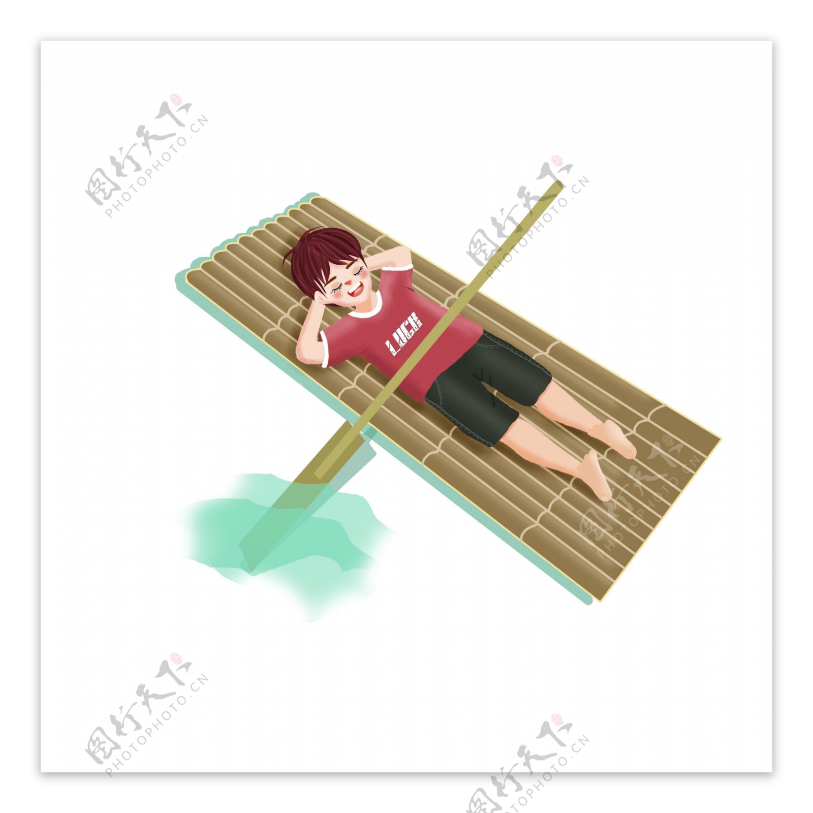 清新手绘躺着竹筏上的男孩子