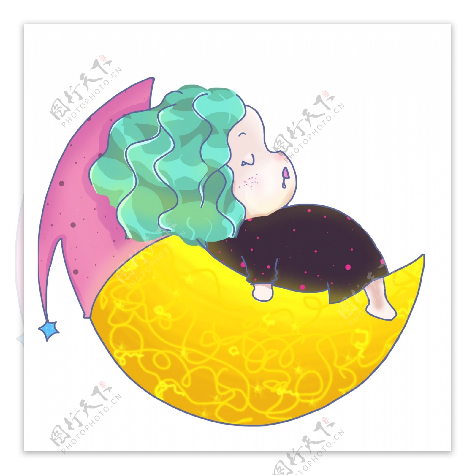 肥胖胖嘟嘟小女孩月亮上睡觉Q版卡通图标